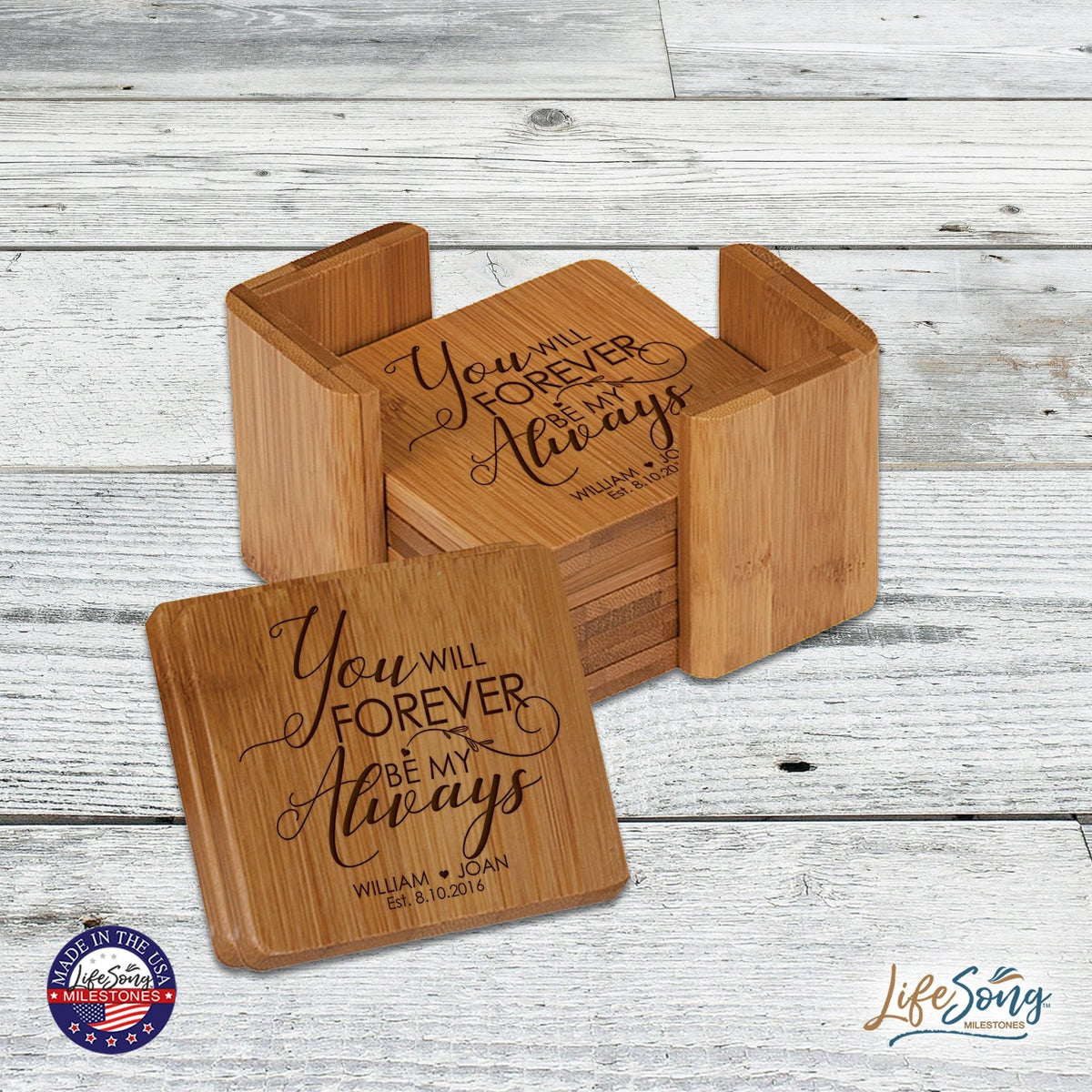 Personalized Family Home 6pc Solid Bamboo Coaster Set With Holder 4.5x4.5 – You Will Forever - LifeSong Milestones