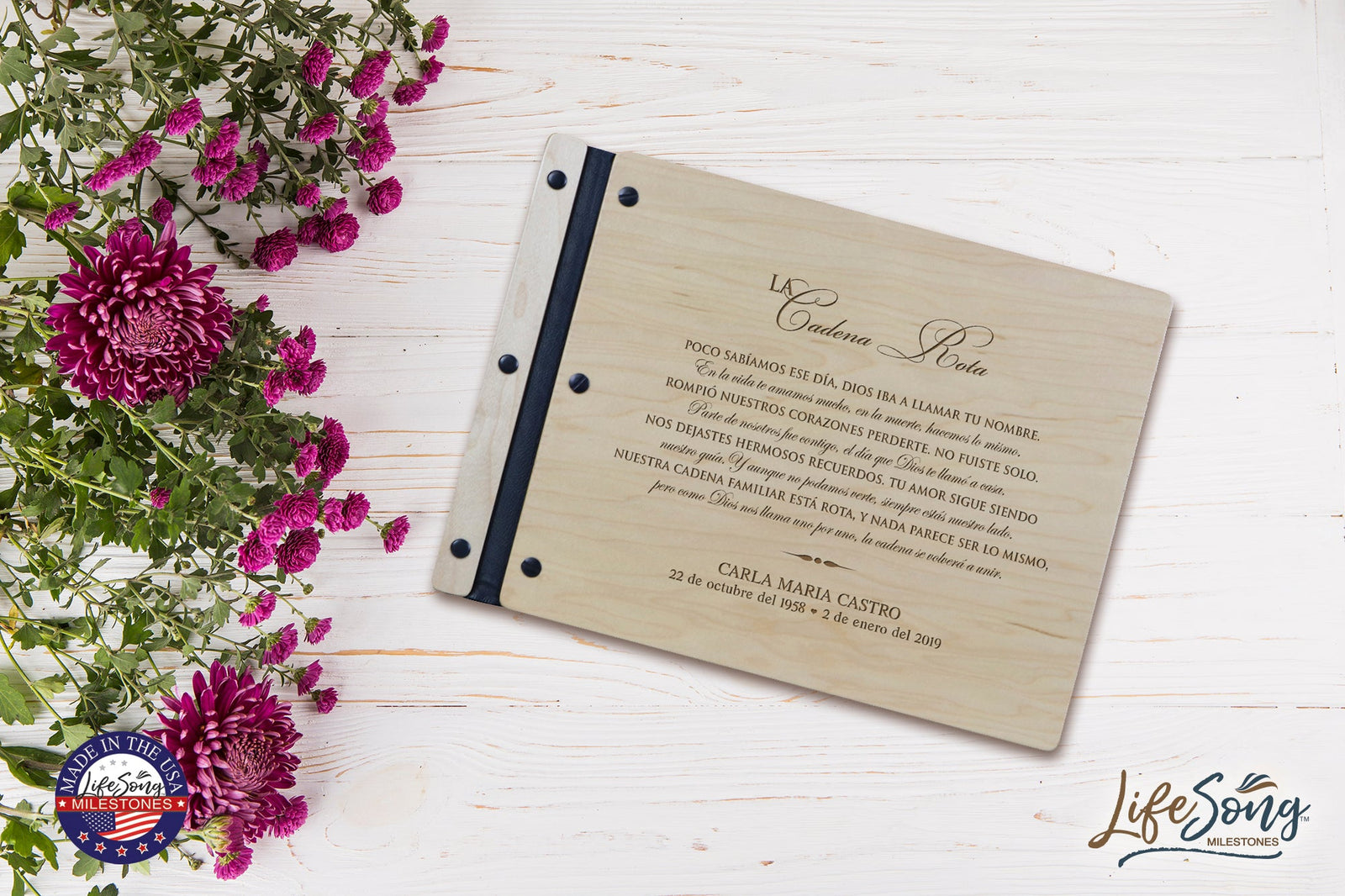 Personalized Funeral Guest Book Wooden Cover Spanish - LifeSong Milestones