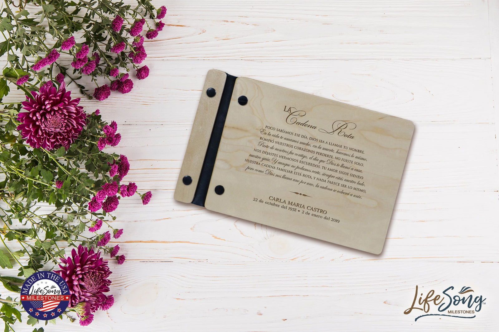 Personalized Funeral Guest Book Wooden Cover Spanish - LifeSong Milestones
