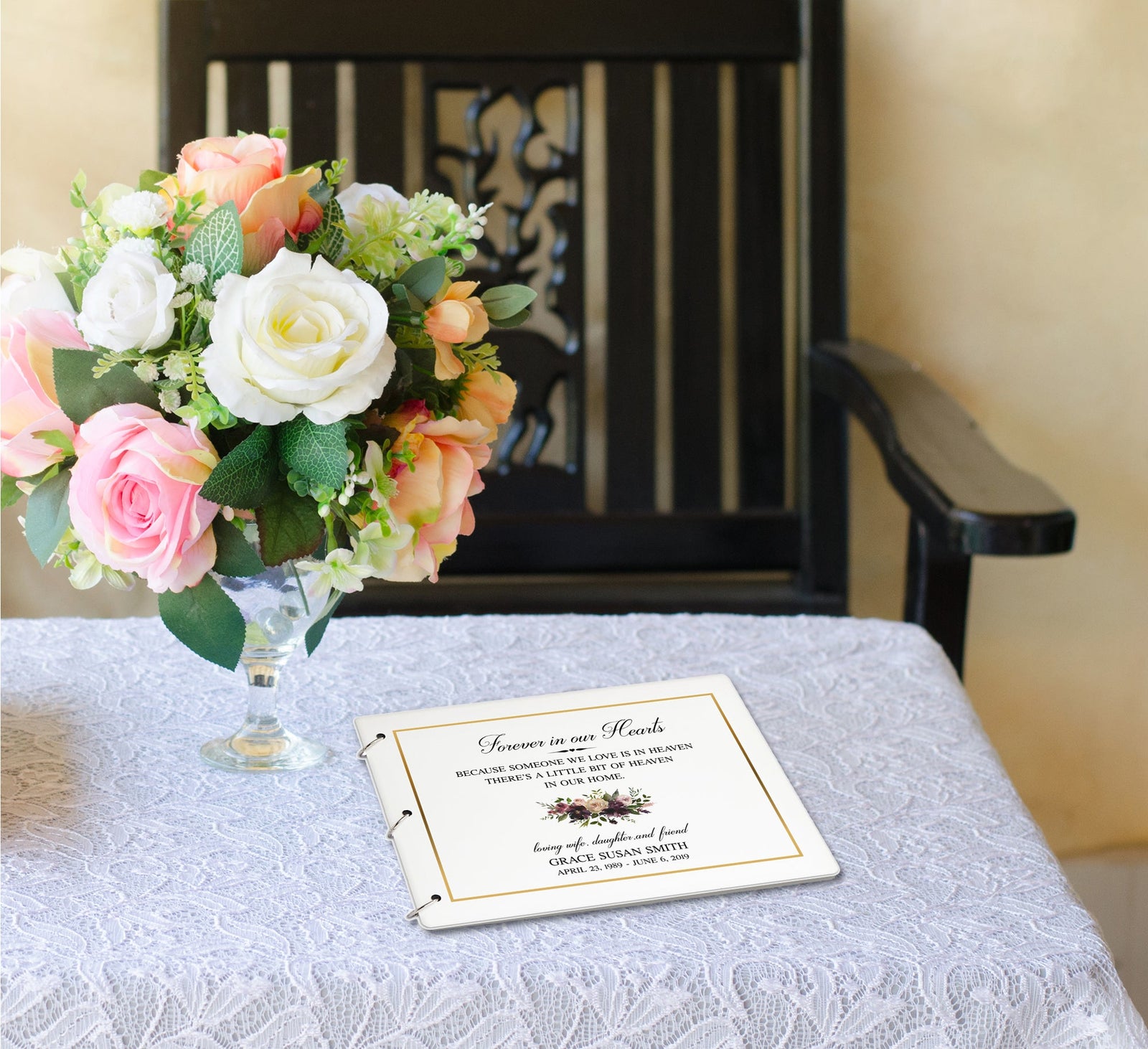 Personalized Funeral Service Guest Book 8.5x11 Forever In Our Hearts(Burgundy floral) - LifeSong Milestones