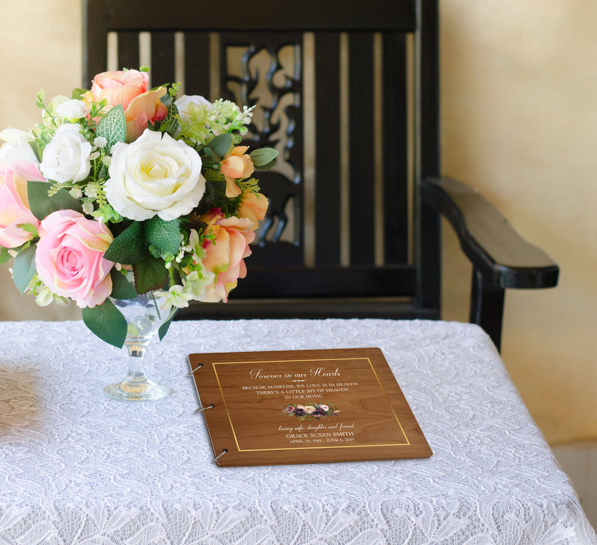 Personalized Funeral Service Guest Book 8.5x11 Forever In Our Hearts(Burgundy floral) - LifeSong Milestones