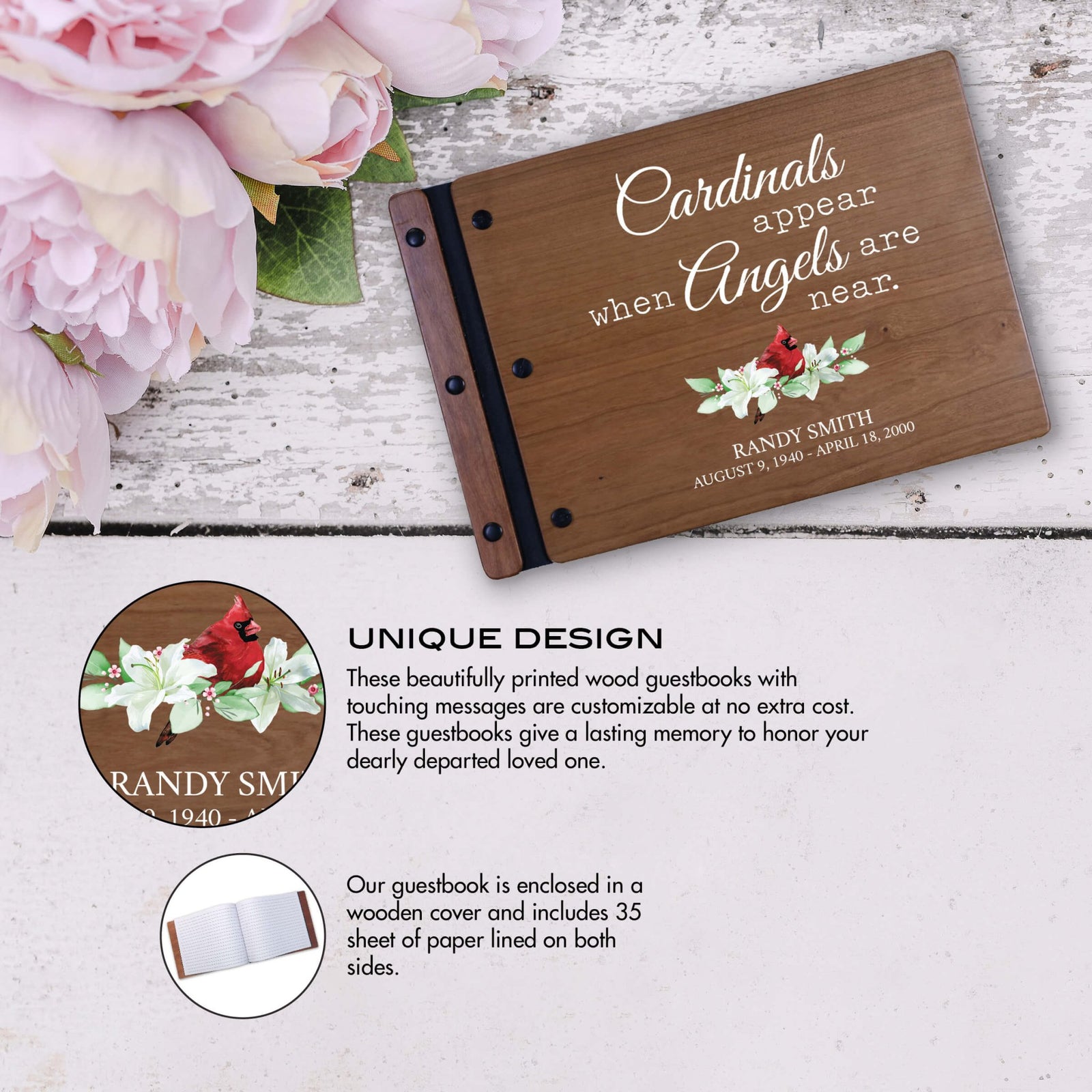 Personalized Funeral Wooden Guestbook for Memorial Service - Cardinals Appear - LifeSong Milestones