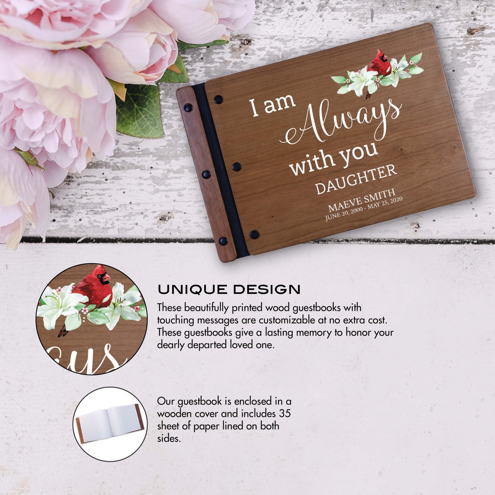 Personalized Funeral Wooden Guestbook for Memorial Service - I Am Always With You - LifeSong Milestones