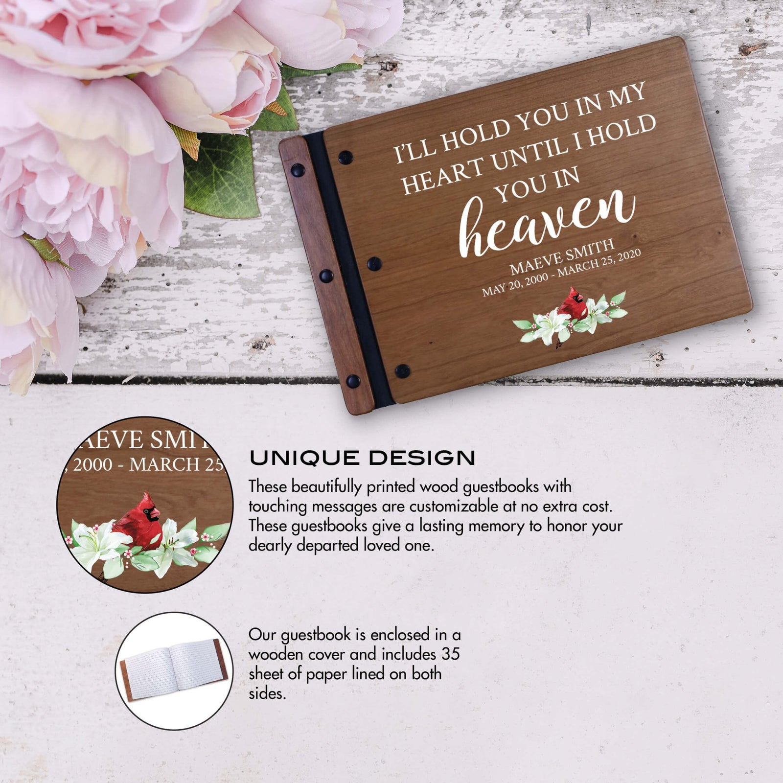 Personalized Funeral Wooden Guestbook for Memorial Service - I’ll Hold You In My Heart - LifeSong Milestones
