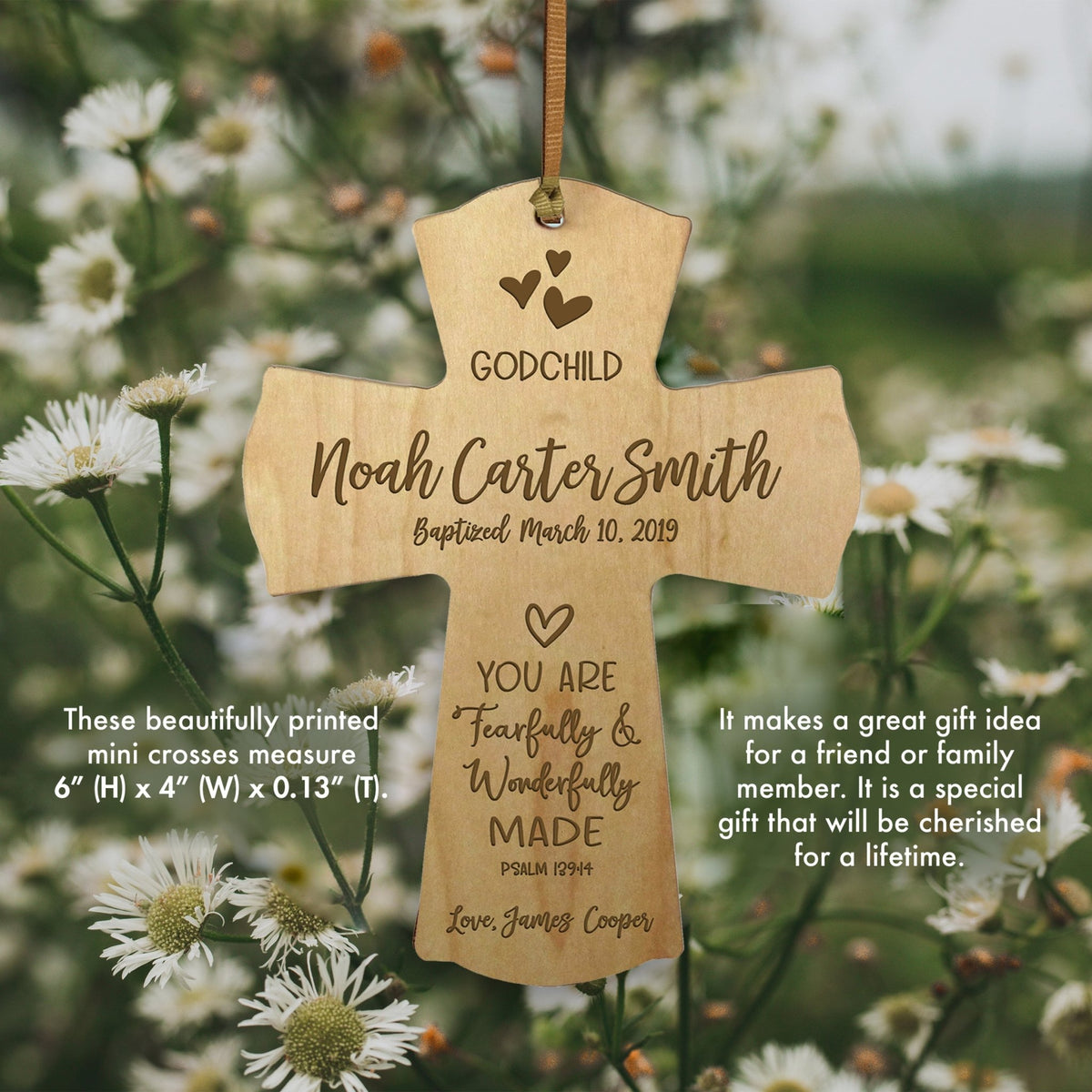 Personalized Godchild Baptism Cross for Boys Girls Wonderfully Made - LifeSong Milestones