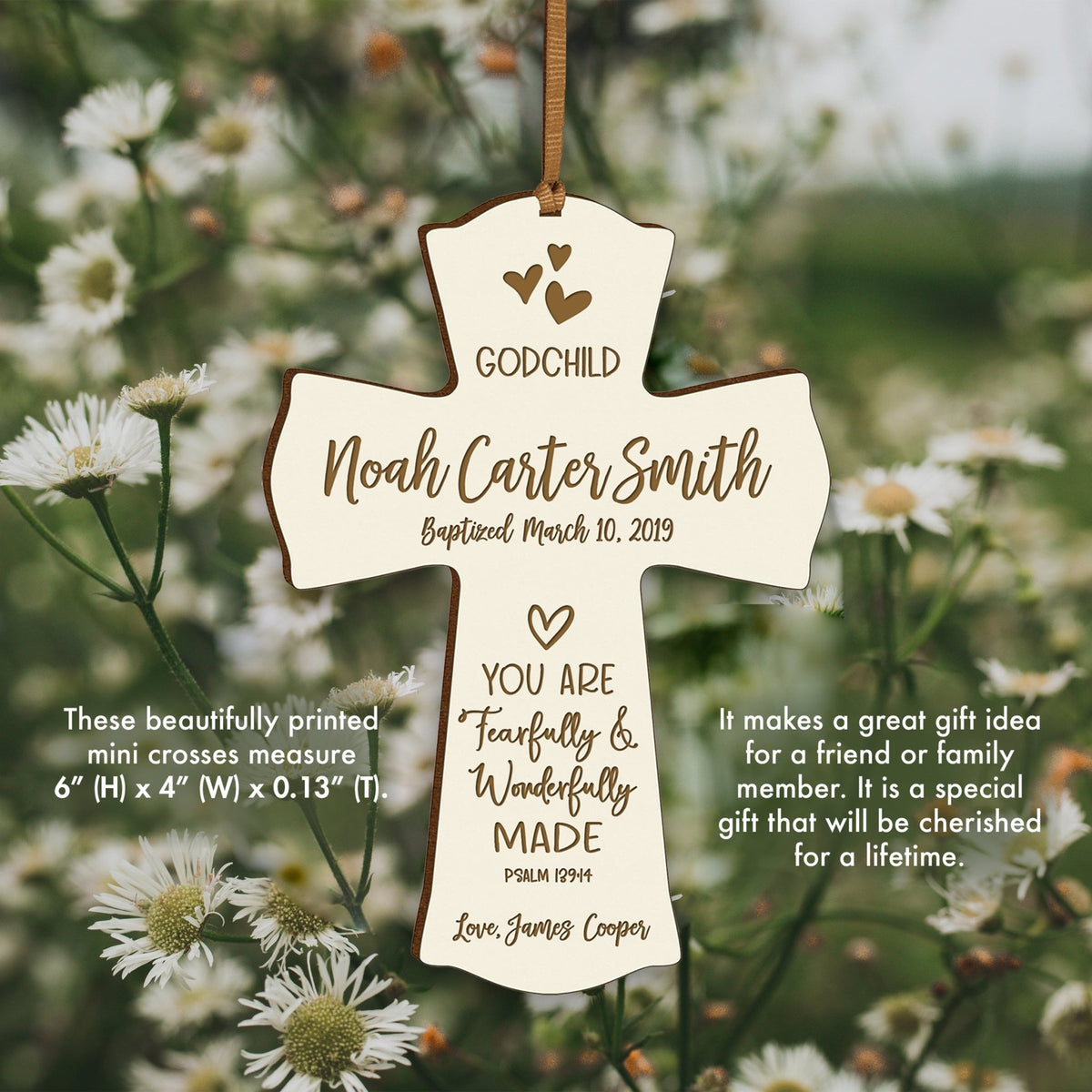 Personalized Godchild Baptism Cross for Boys Girls Wonderfully Made - LifeSong Milestones