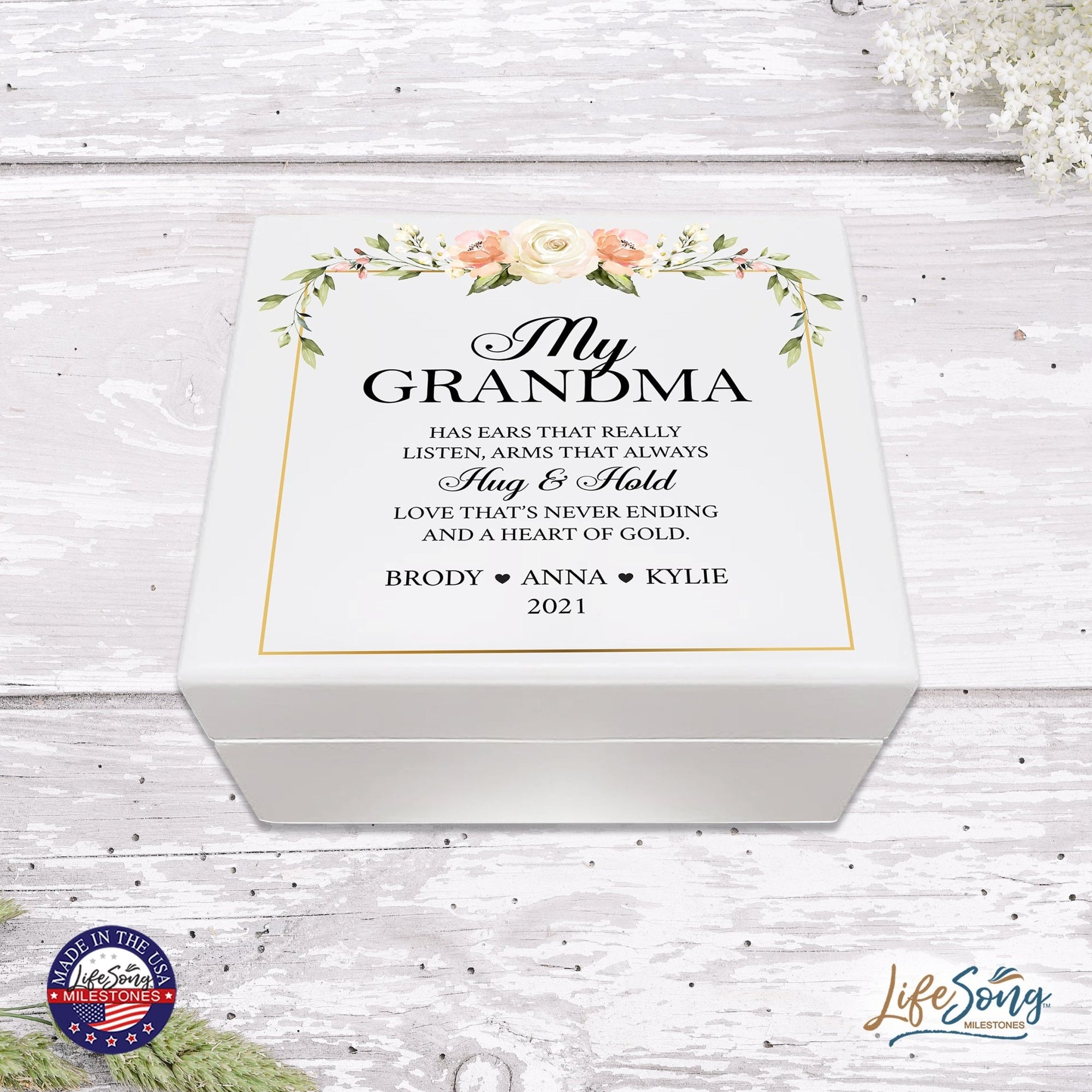 Personalized Grandmother’s White Keepsake Box From Granddaughter- Hug and Hold - LifeSong Milestones