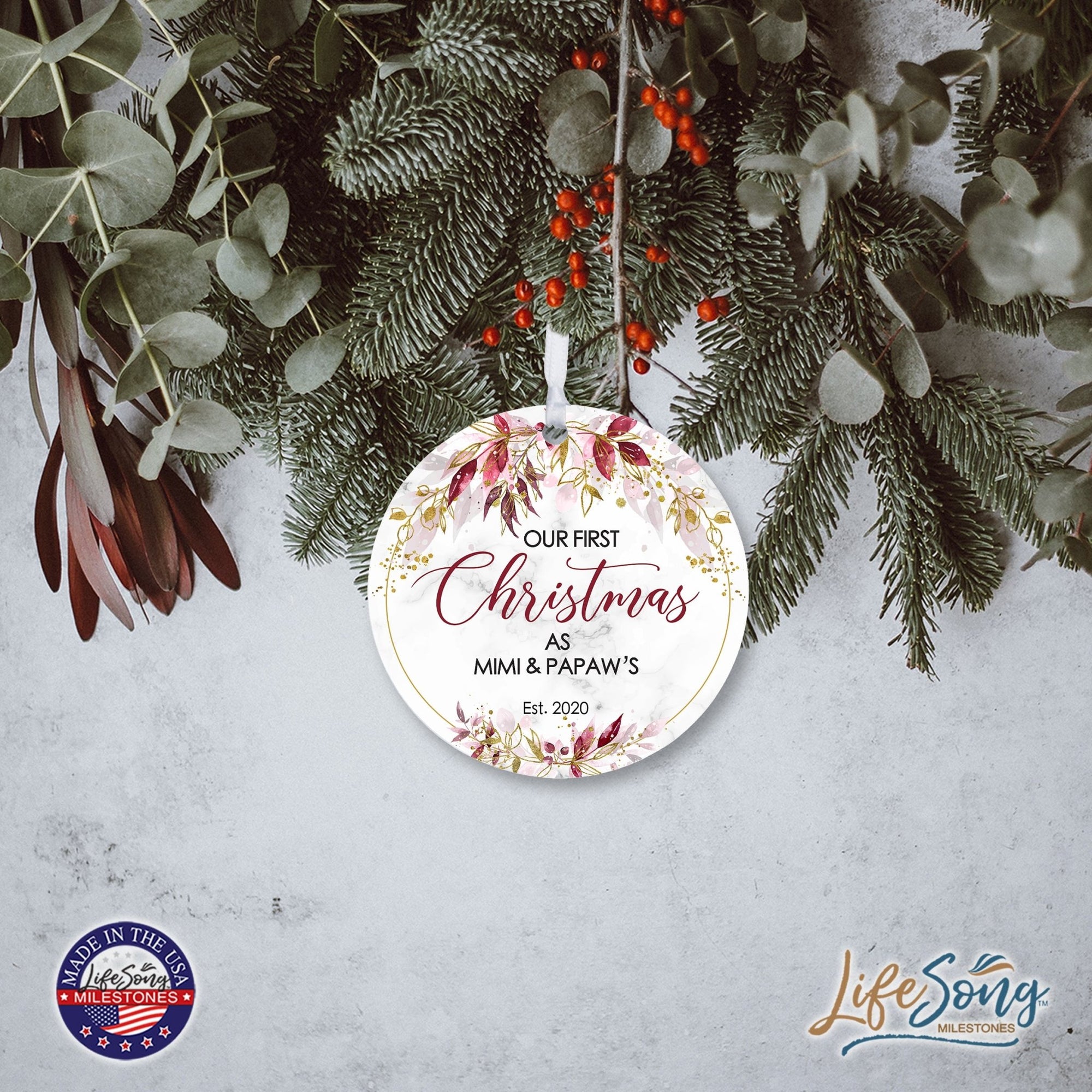 Personalized Grandparents Christmas White Round Ornament 2.75in - Our First Christmas - LifeSong Milestones