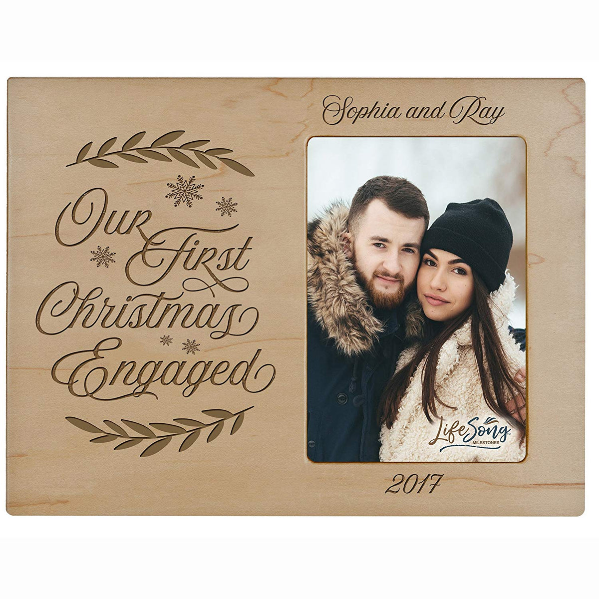 Personalized Home Christmas photo frame holds 4x6 photograph Our First Christmas Engaged - LifeSong Milestones