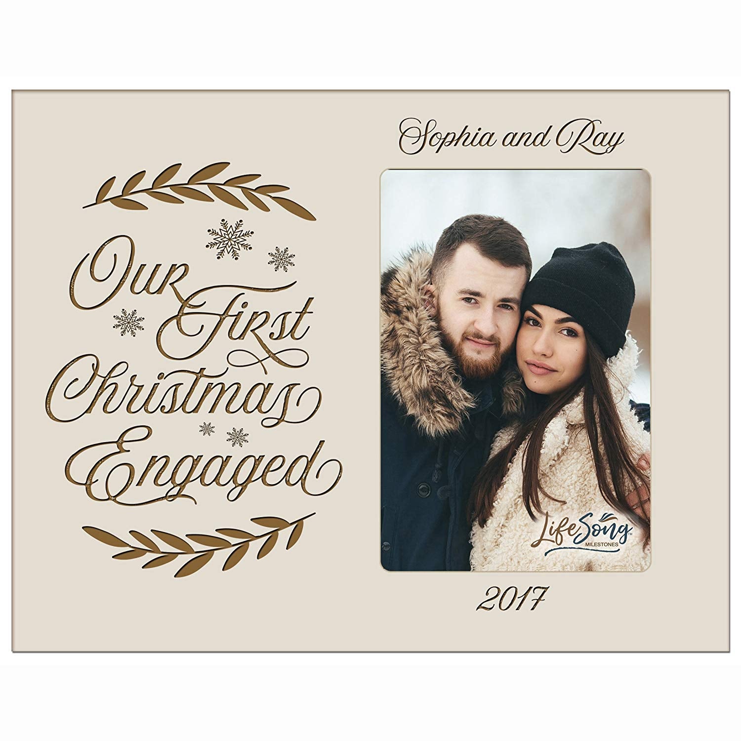 Personalized Home Christmas photo frame holds 4x6 photograph Our First Christmas Engaged - LifeSong Milestones