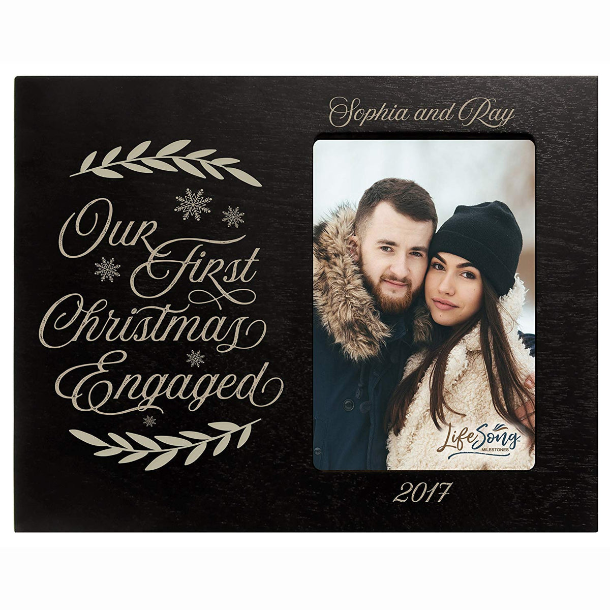 Personalized Home Christmas photo frame holds 4x6 photograph Our First Christmas Engaged - LifeSong Milestones