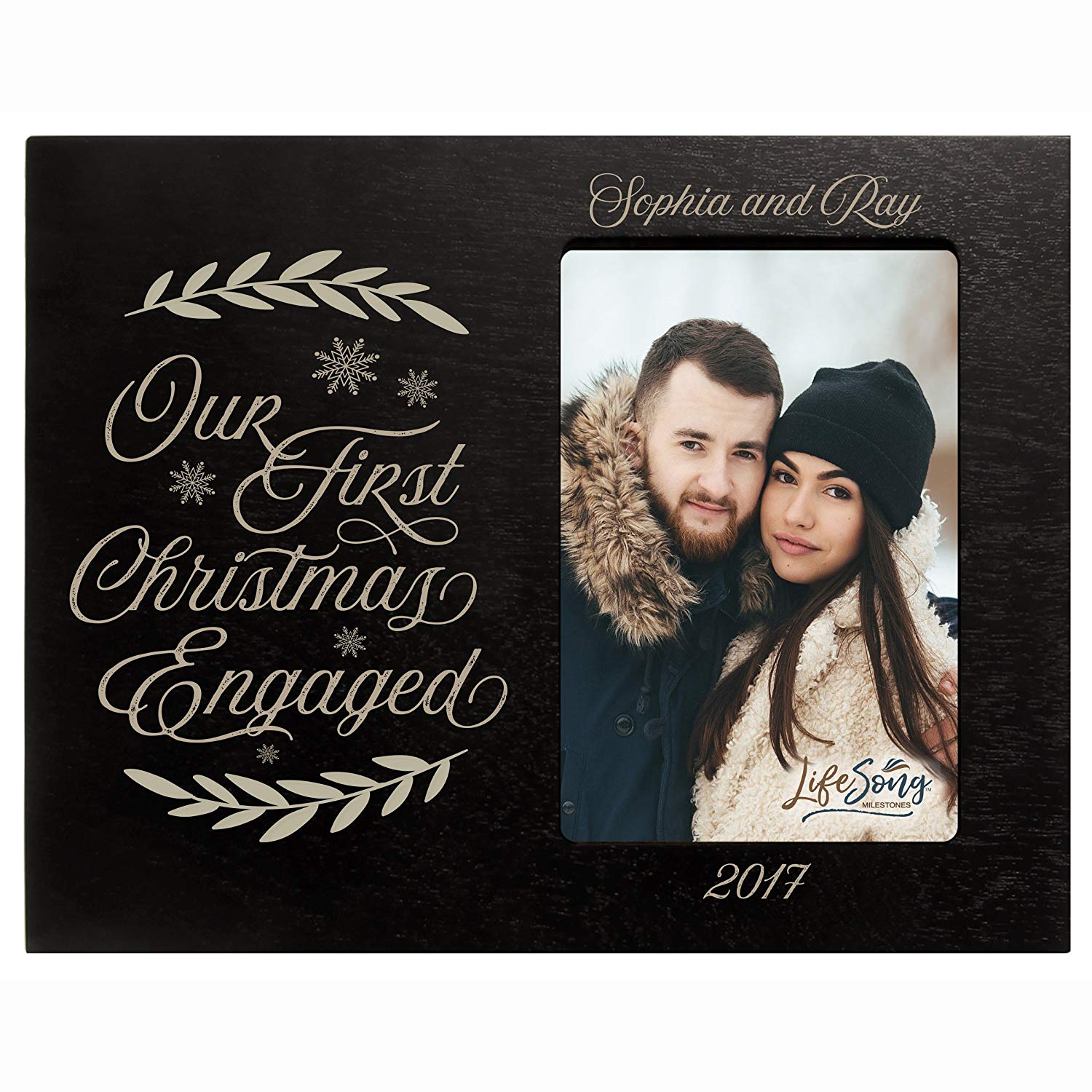 Personalized Home Christmas photo frame holds 4x6 photograph Our First Christmas Engaged - LifeSong Milestones