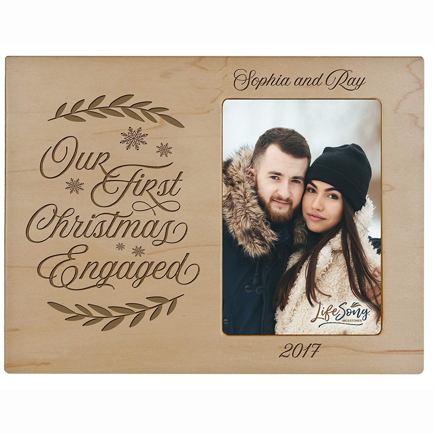 Personalized Home Christmas photo frame holds 4x6 photograph Our First Christmas Engaged - LifeSong Milestones