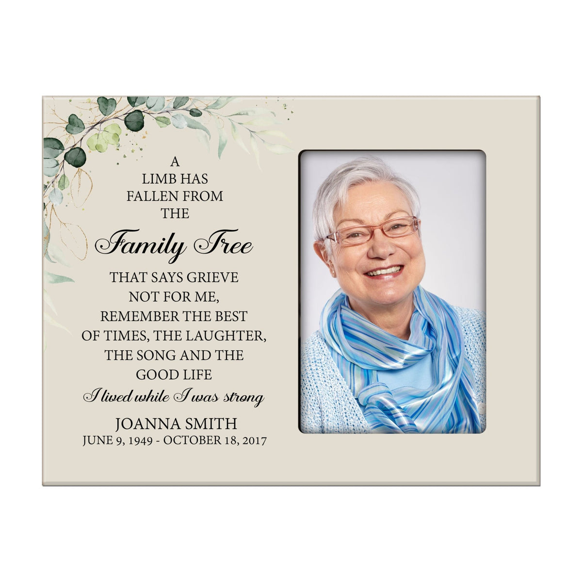 Personalized Horizontal 8x10 Wooden Memorial Picture Frame Holds 4x6 Photo - A Limb Has Fallen (Ivory) - LifeSong Milestones