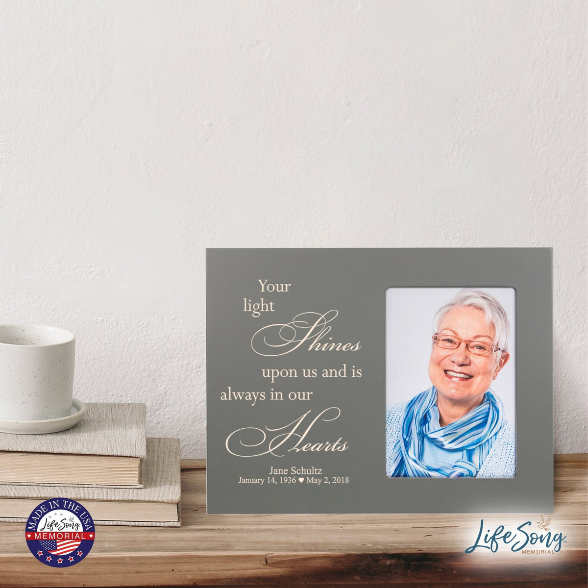 Personalized Horizontal 8x10 Wooden Memorial Picture Frame Holds 4x6 Photo - Your Light Shines - LifeSong Milestones