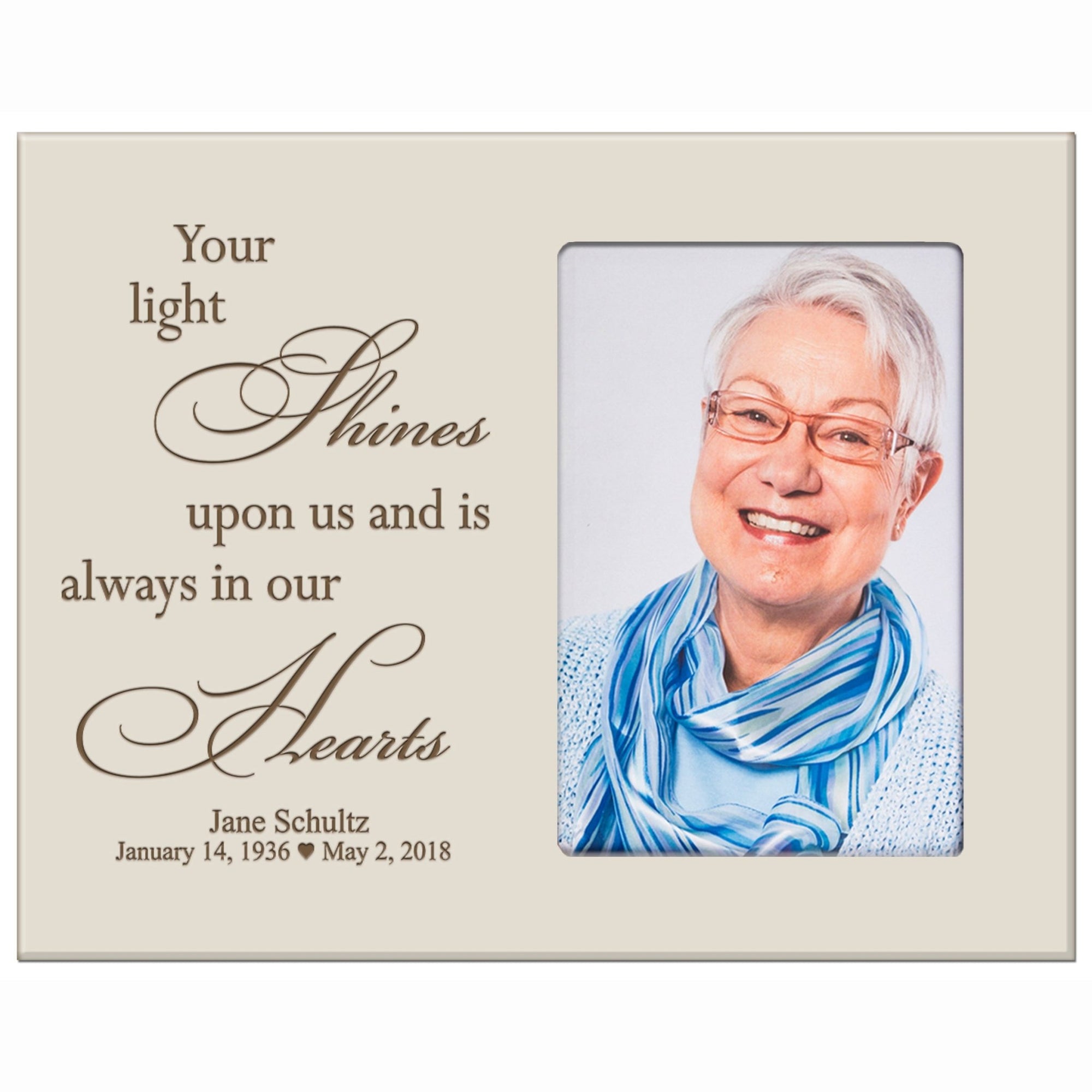 Personalized Horizontal 8x10 Wooden Memorial Picture Frame Holds 4x6 Photo - Your Light Shines - LifeSong Milestones