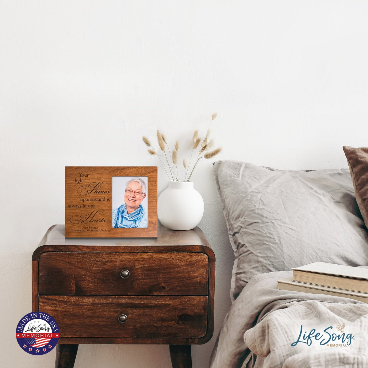 Personalized Horizontal 8x10 Wooden Memorial Picture Frame Holds 4x6 Photo - Your Light Shines - LifeSong Milestones