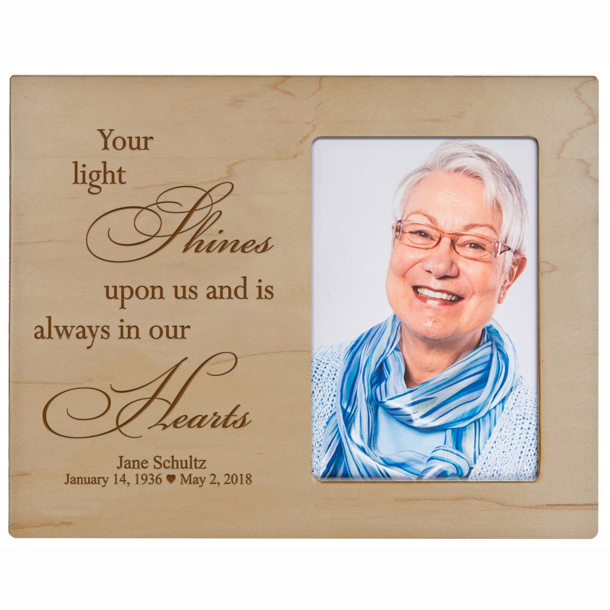 Personalized Horizontal 8x10 Wooden Memorial Picture Frame Holds 4x6 Photo - Your Light Shines - LifeSong Milestones