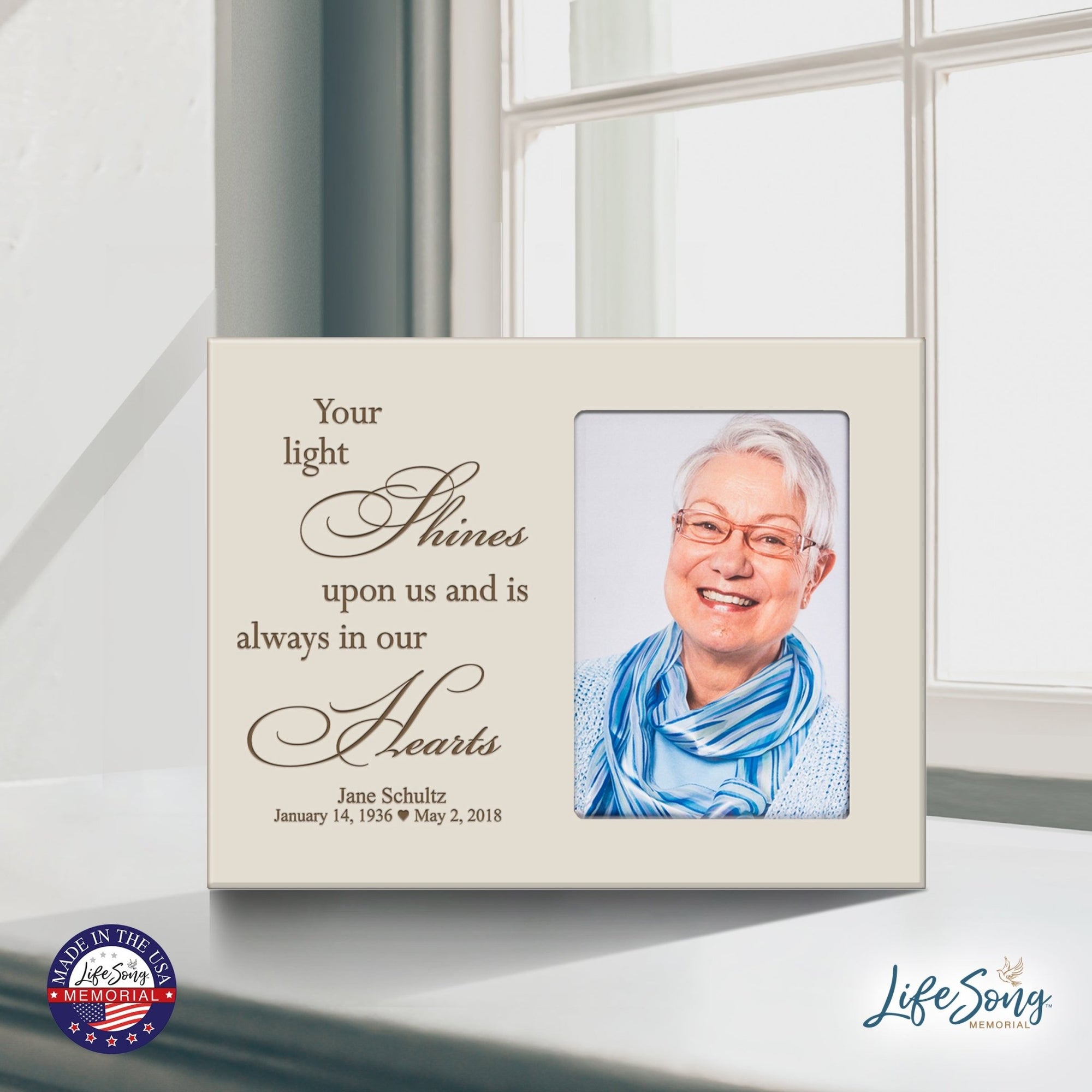 Personalized Horizontal 8x10 Wooden Memorial Picture Frame Holds 4x6 Photo - Your Light Shines - LifeSong Milestones