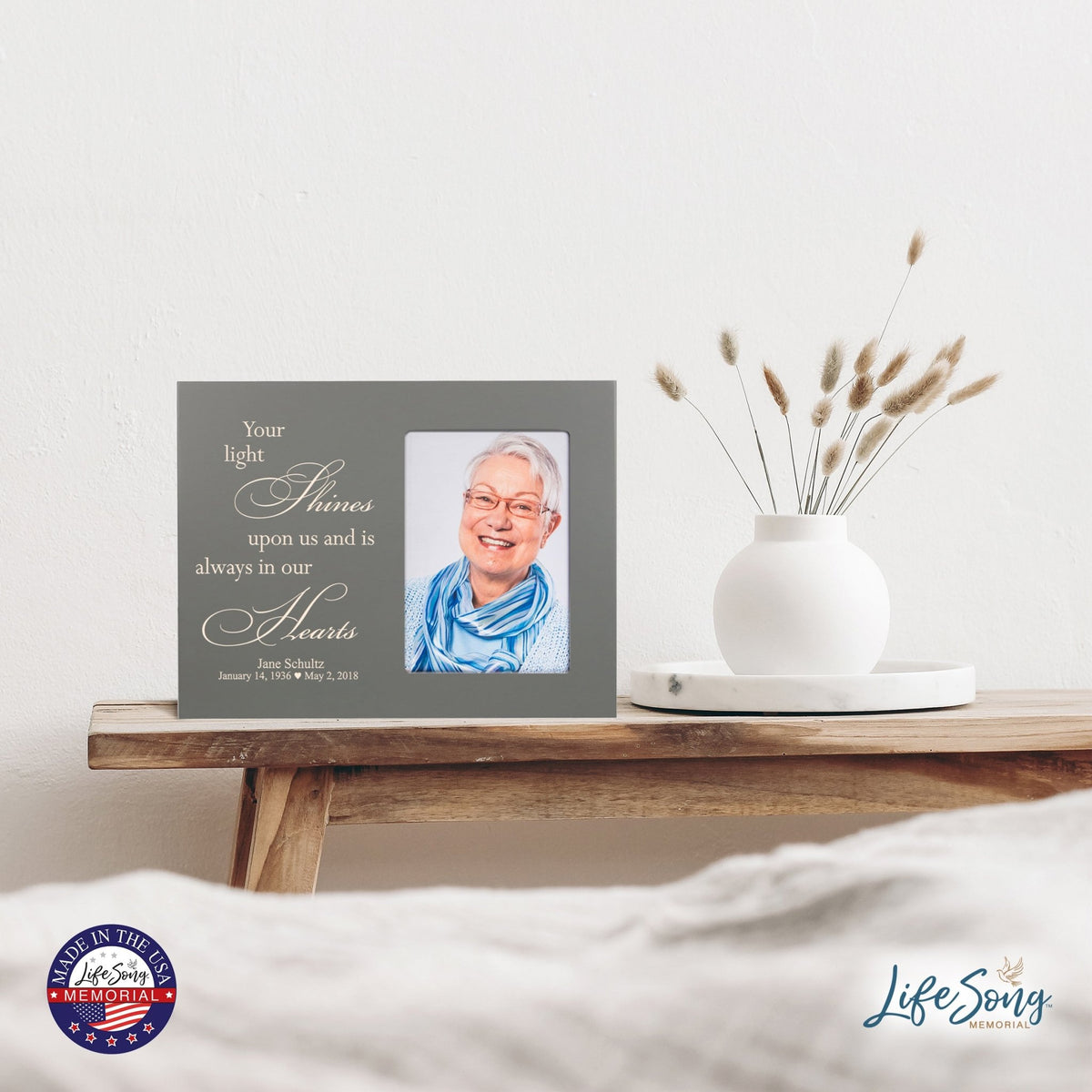 Personalized Horizontal 8x10 Wooden Memorial Picture Frame Holds 4x6 Photo - Your Light Shines - LifeSong Milestones