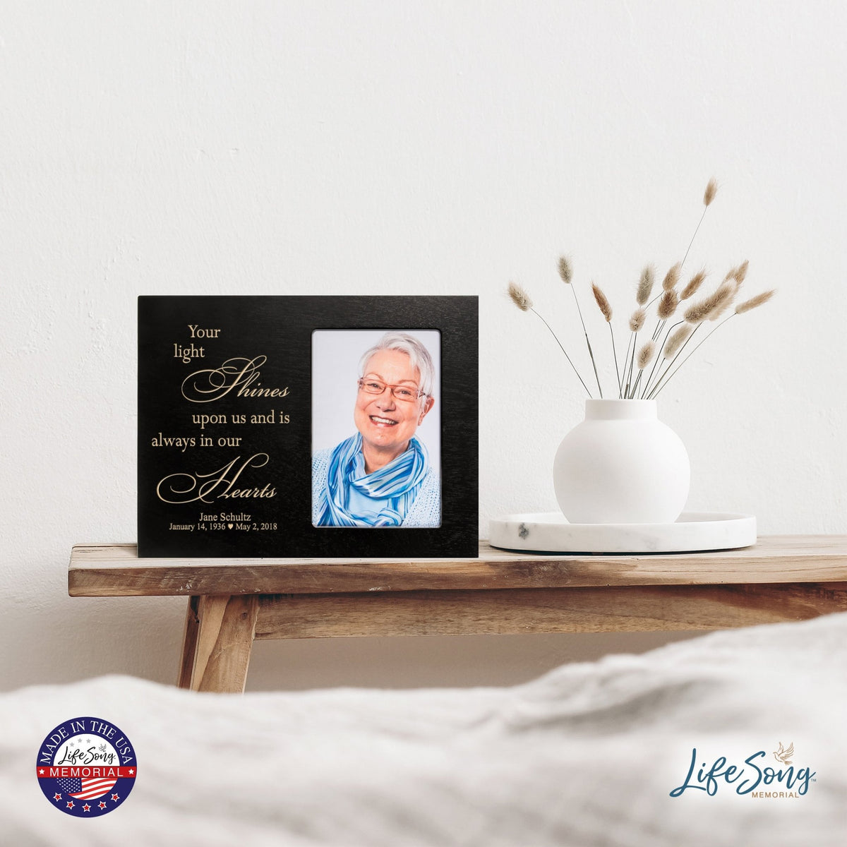 Personalized Horizontal 8x10 Wooden Memorial Picture Frame Holds 4x6 Photo - Your Light Shines - LifeSong Milestones