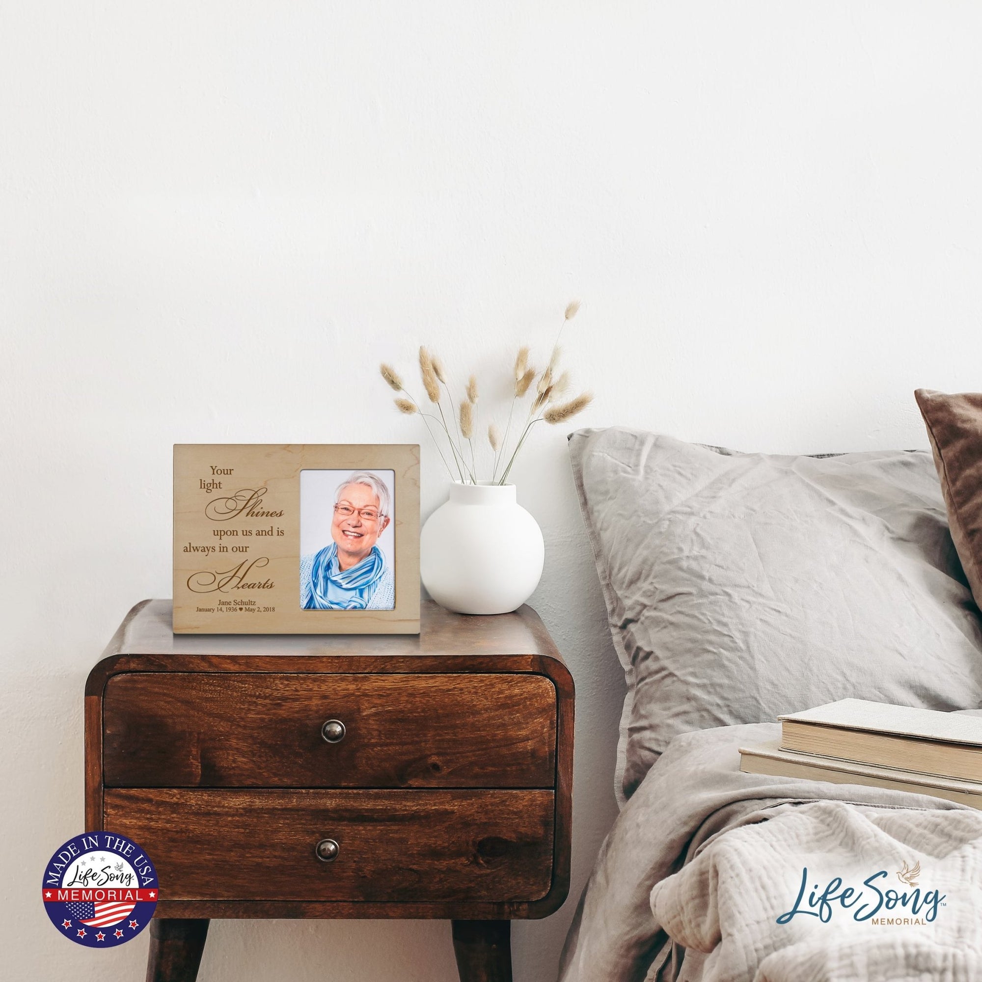 Personalized Horizontal 8x10 Wooden Memorial Picture Frame Holds 4x6 Photo - Your Light Shines - LifeSong Milestones