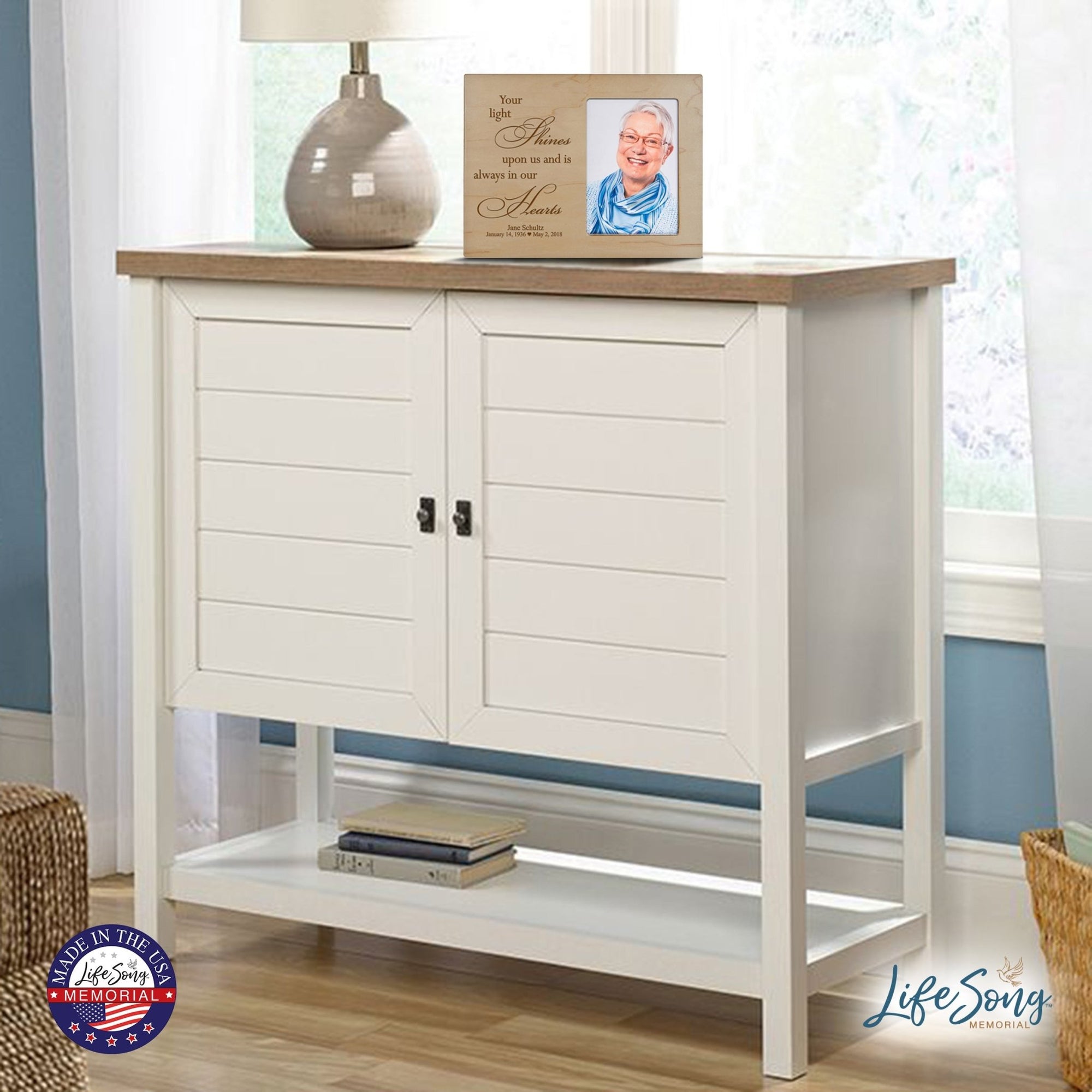 Personalized Horizontal 8x10 Wooden Memorial Picture Frame Holds 4x6 Photo - Your Light Shines - LifeSong Milestones