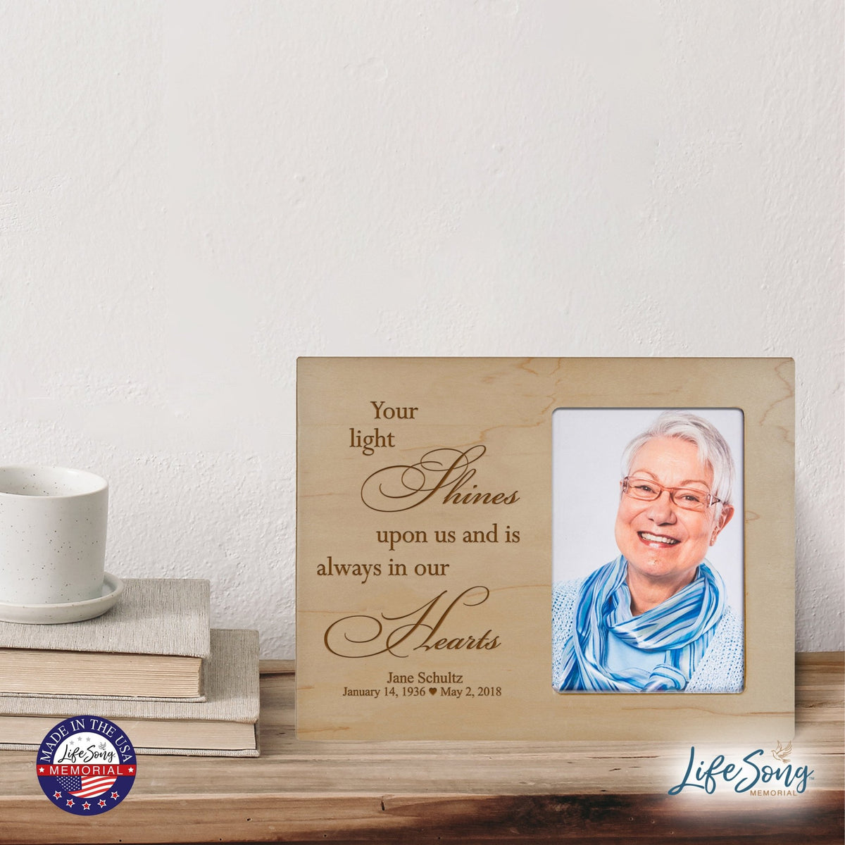 Personalized Horizontal 8x10 Wooden Memorial Picture Frame Holds 4x6 Photo - Your Light Shines - LifeSong Milestones