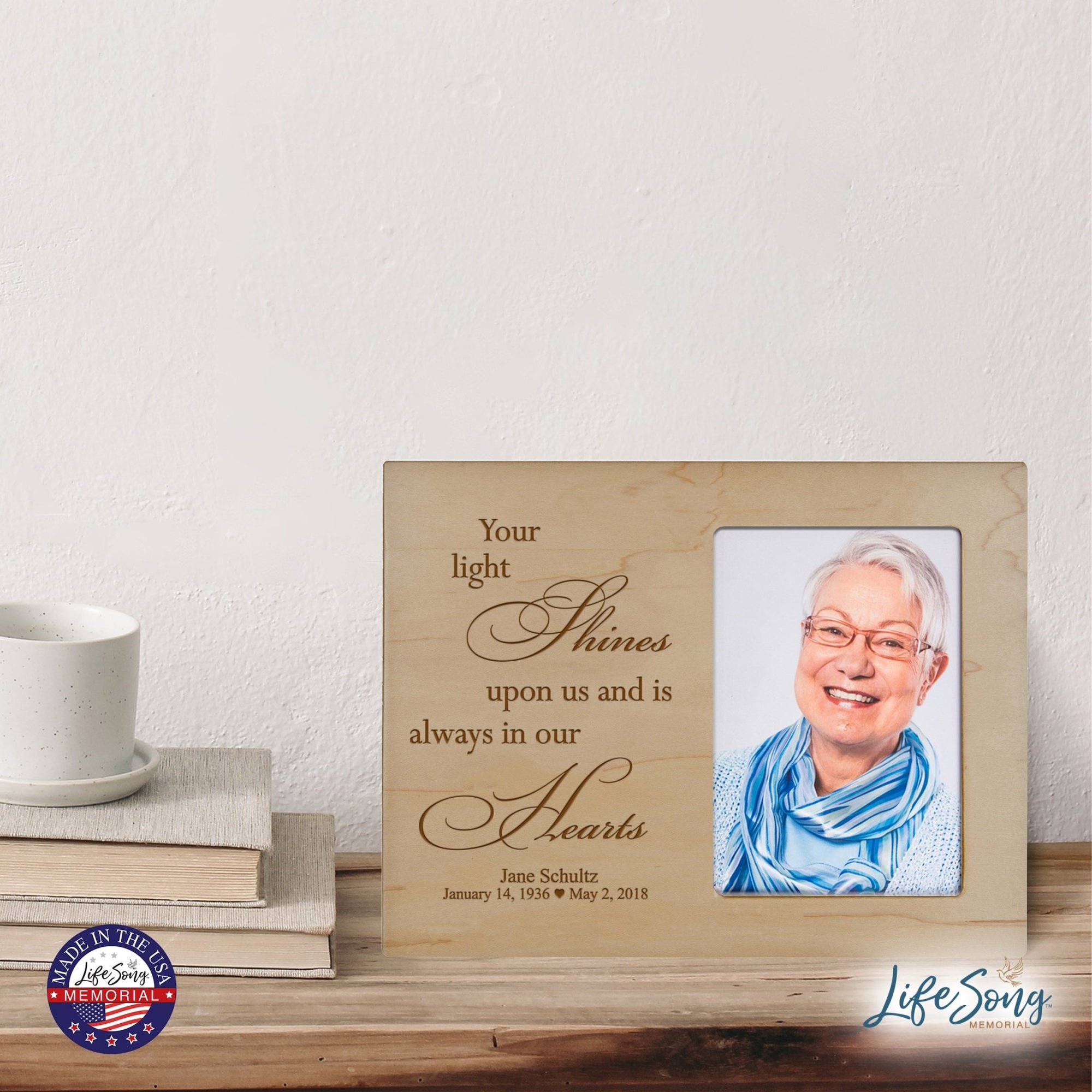 Personalized Horizontal 8x10 Wooden Memorial Picture Frame Holds 4x6 Photo - Your Light Shines - LifeSong Milestones