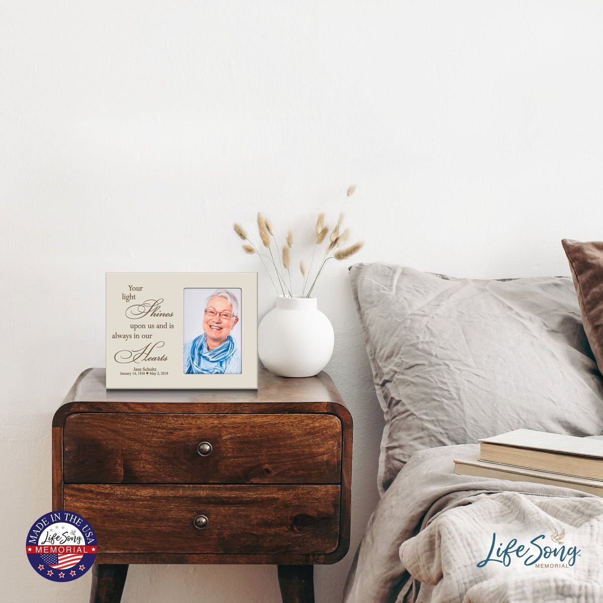 Personalized Horizontal 8x10 Wooden Memorial Picture Frame Holds 4x6 Photo - Your Light Shines - LifeSong Milestones