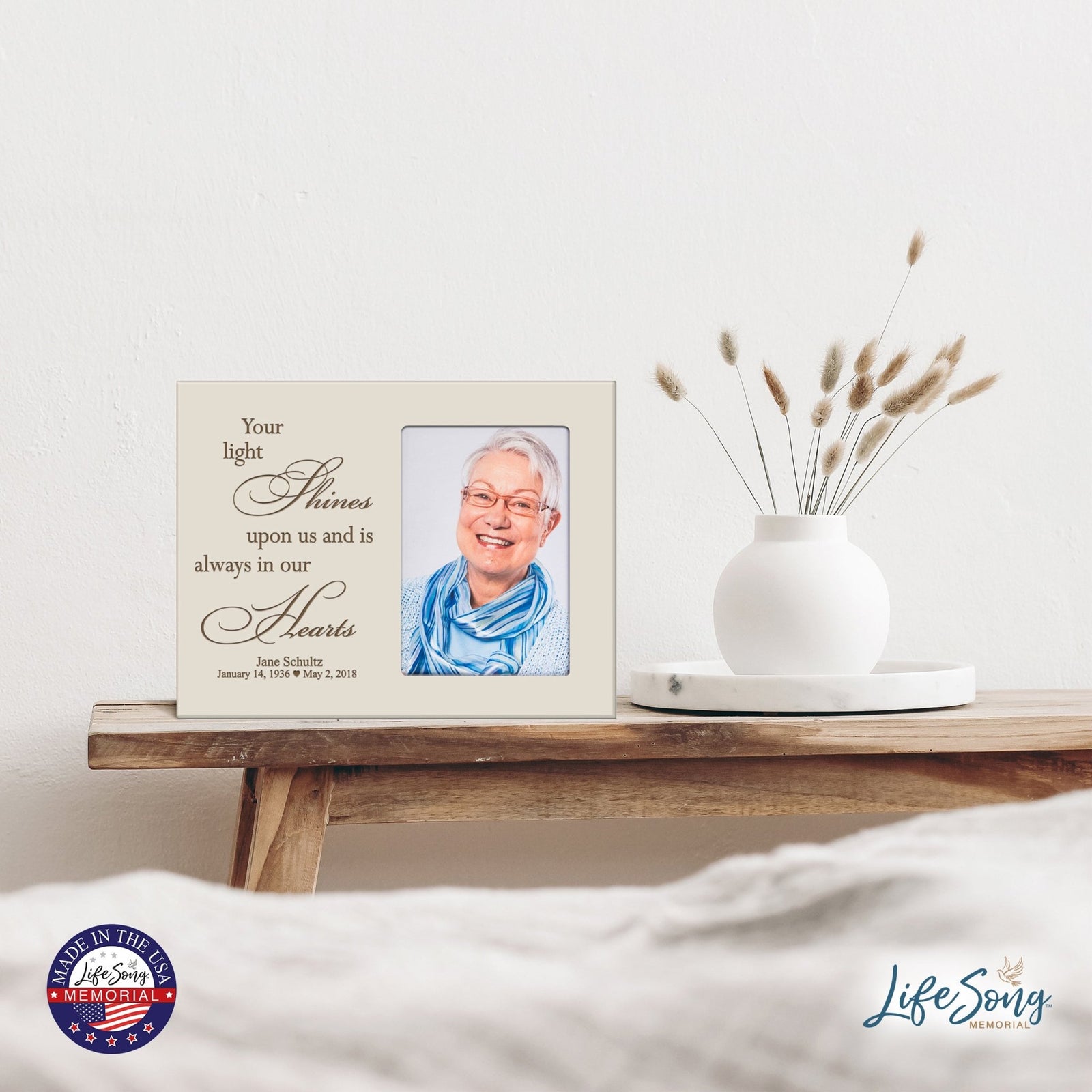 Personalized Horizontal 8x10 Wooden Memorial Picture Frame Holds 4x6 Photo - Your Light Shines - LifeSong Milestones