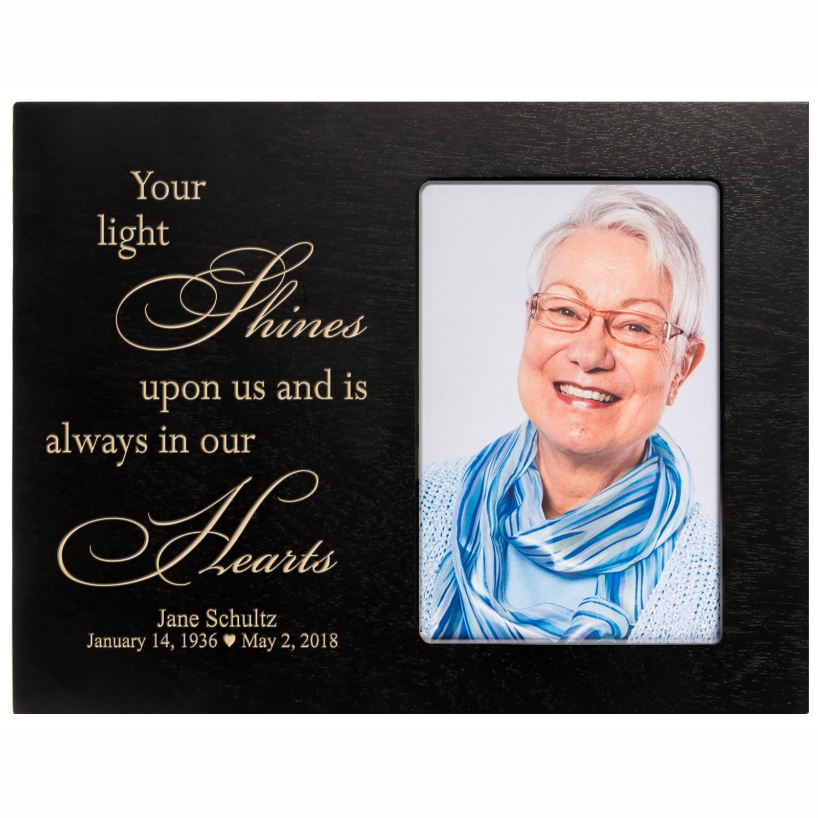 Personalized Horizontal 8x10 Wooden Memorial Picture Frame Holds 4x6 Photo - Your Light Shines - LifeSong Milestones