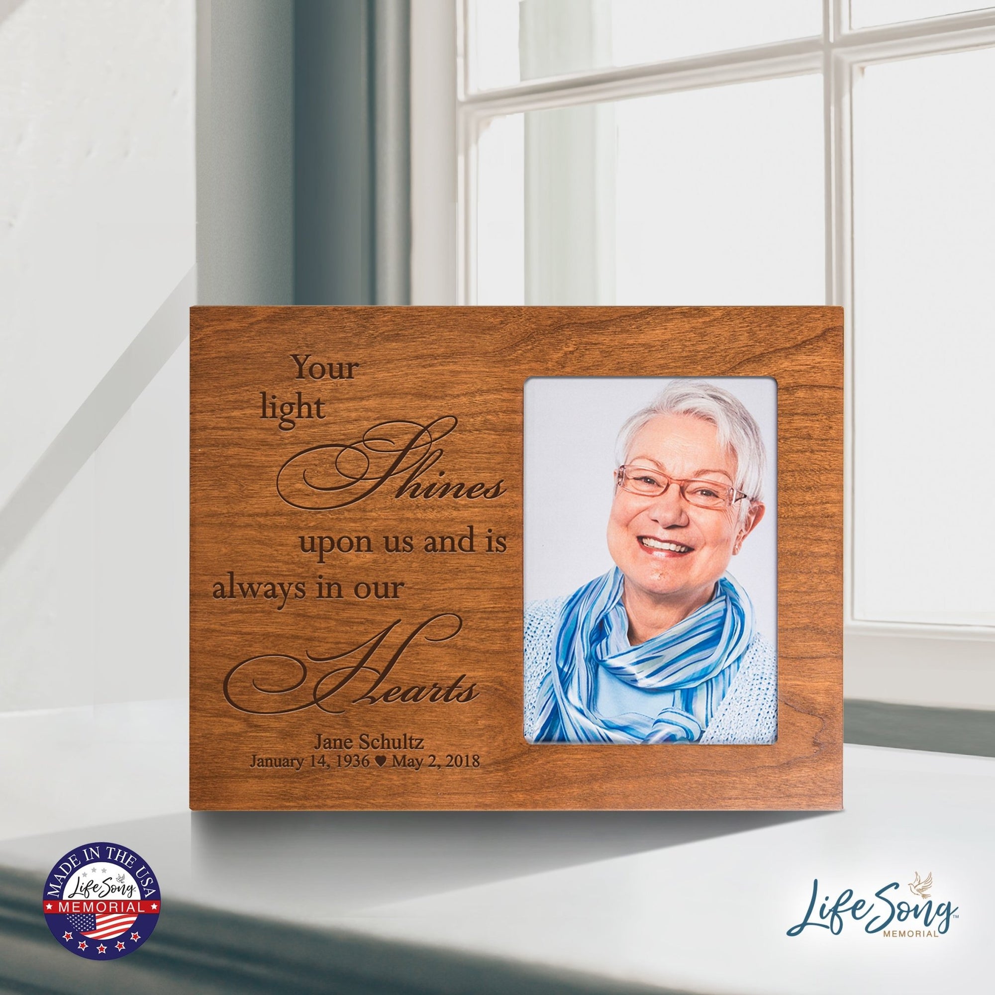 Personalized Horizontal 8x10 Wooden Memorial Picture Frame Holds 4x6 Photo - Your Light Shines - LifeSong Milestones