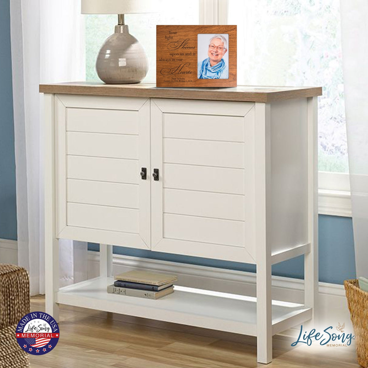 Personalized Horizontal 8x10 Wooden Memorial Picture Frame Holds 4x6 Photo - Your Light Shines - LifeSong Milestones