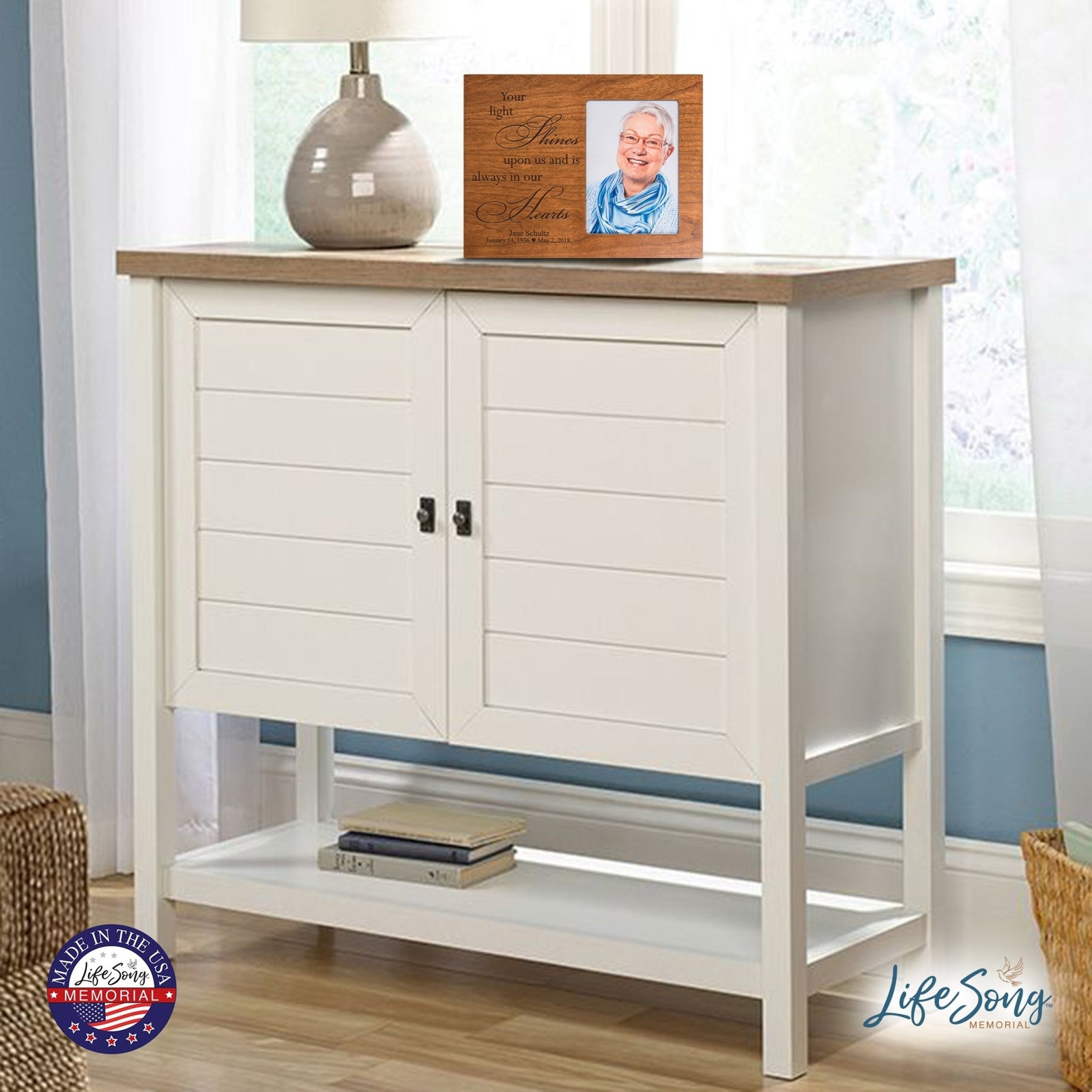 Personalized Horizontal 8x10 Wooden Memorial Picture Frame Holds 4x6 Photo - Your Light Shines - LifeSong Milestones