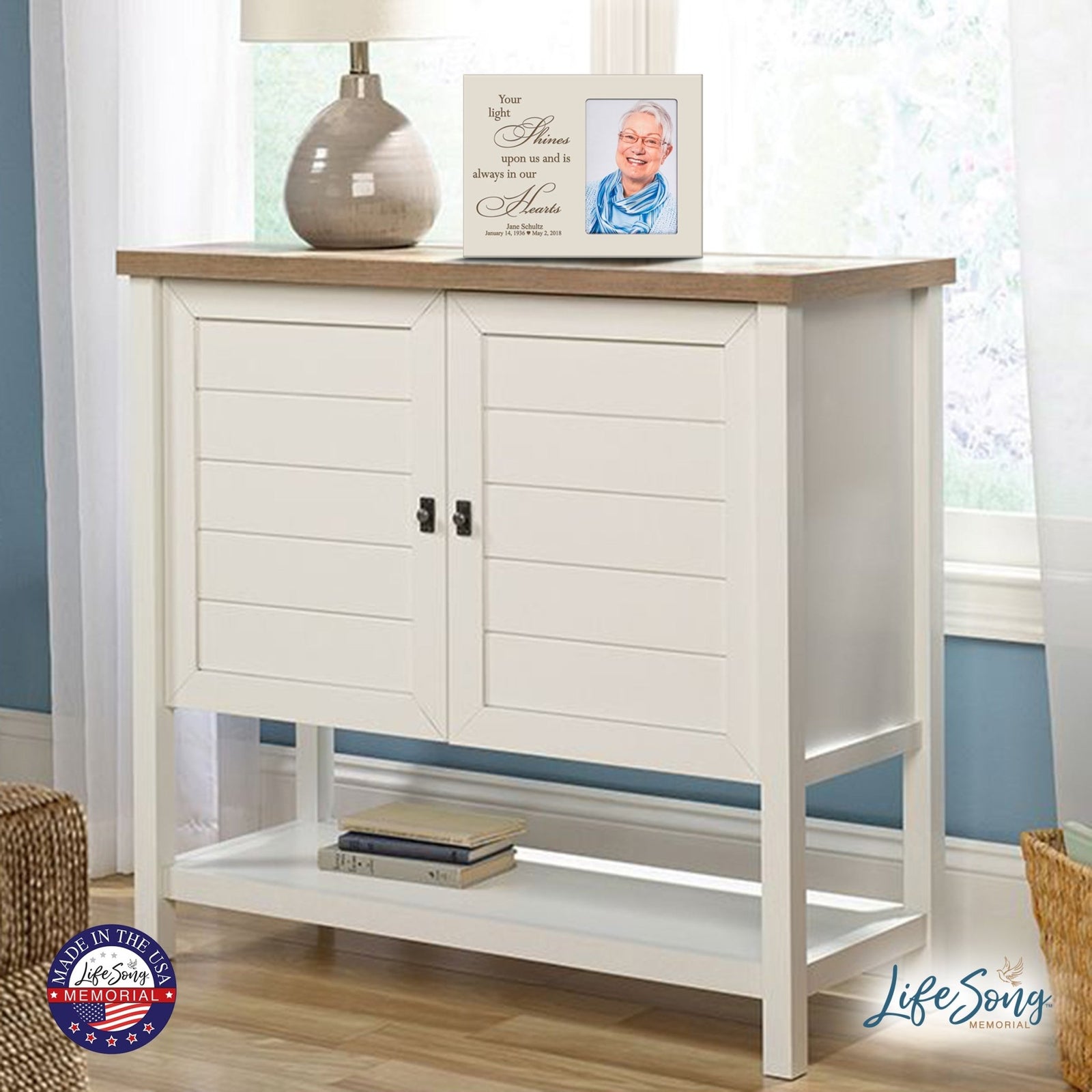 Personalized Horizontal 8x10 Wooden Memorial Picture Frame Holds 4x6 Photo - Your Light Shines - LifeSong Milestones