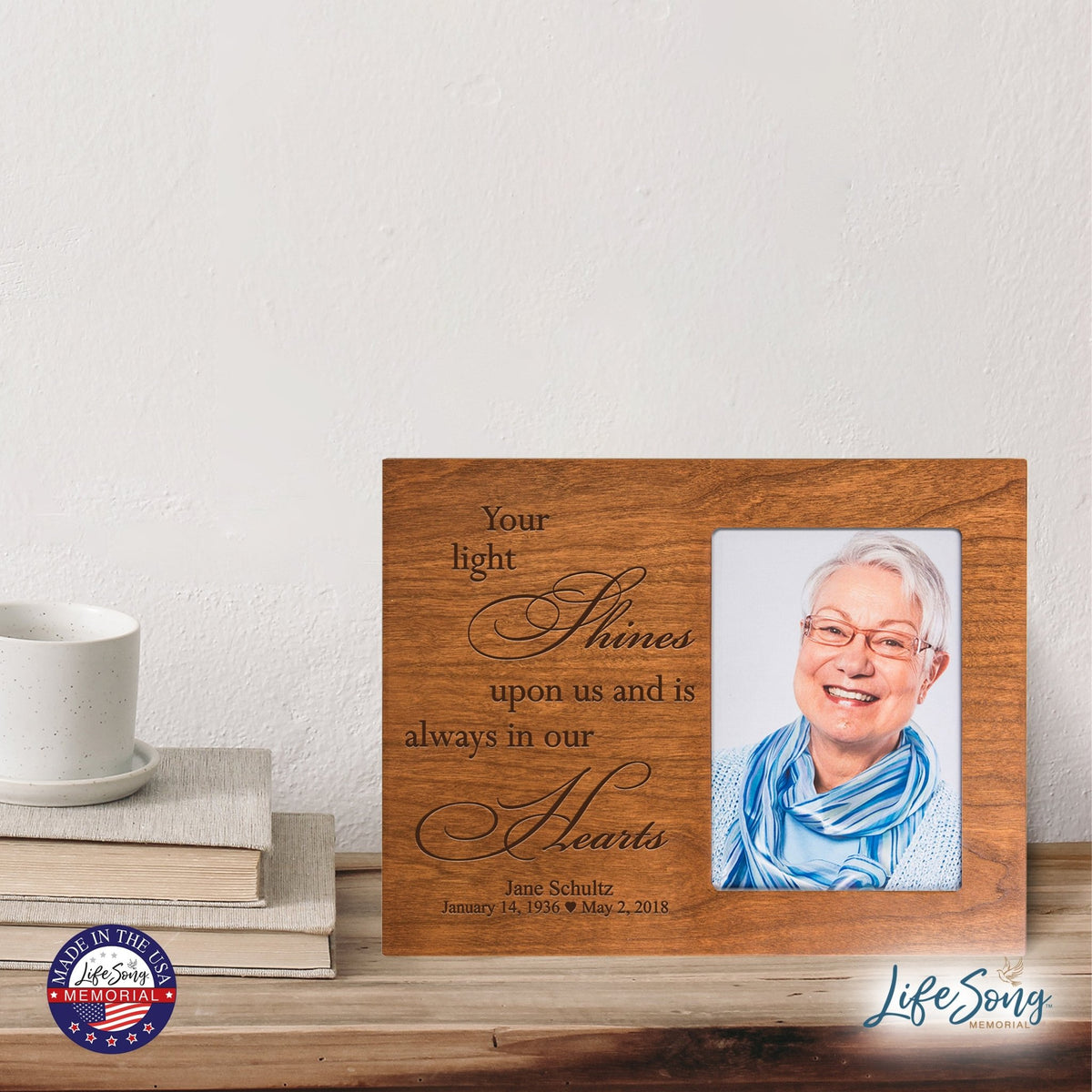 Personalized Horizontal 8x10 Wooden Memorial Picture Frame Holds 4x6 Photo - Your Light Shines - LifeSong Milestones