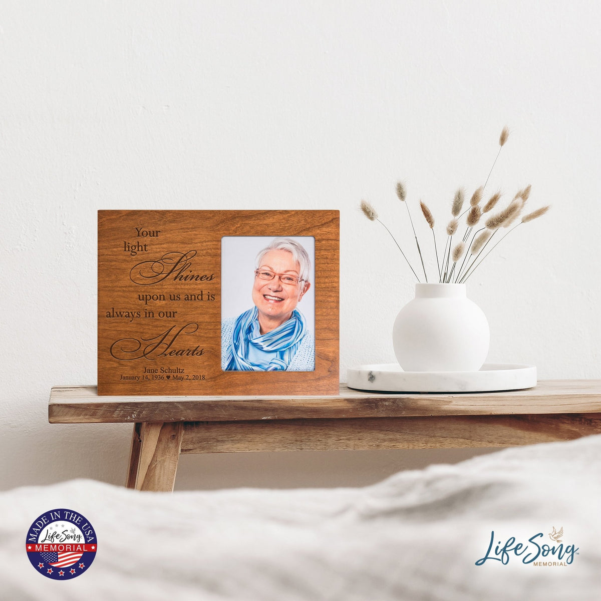 Personalized Horizontal 8x10 Wooden Memorial Picture Frame Holds 4x6 Photo - Your Light Shines - LifeSong Milestones