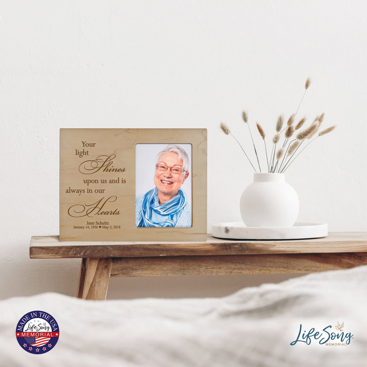 Personalized Horizontal 8x10 Wooden Memorial Picture Frame Holds 4x6 Photo - Your Light Shines - LifeSong Milestones