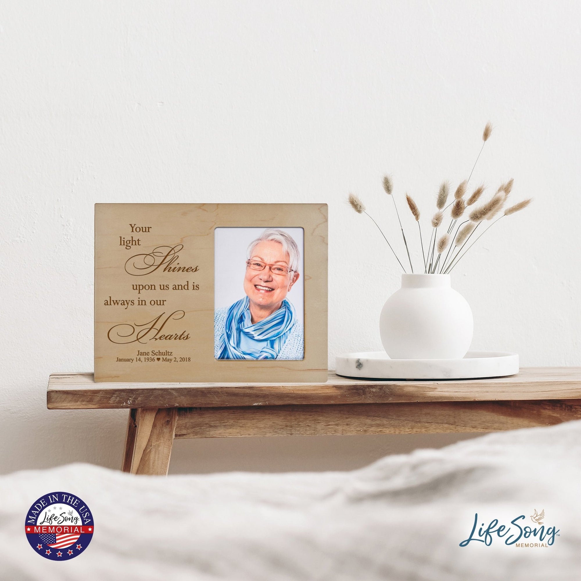 Personalized Horizontal 8x10 Wooden Memorial Picture Frame Holds 4x6 Photo - Your Light Shines - LifeSong Milestones