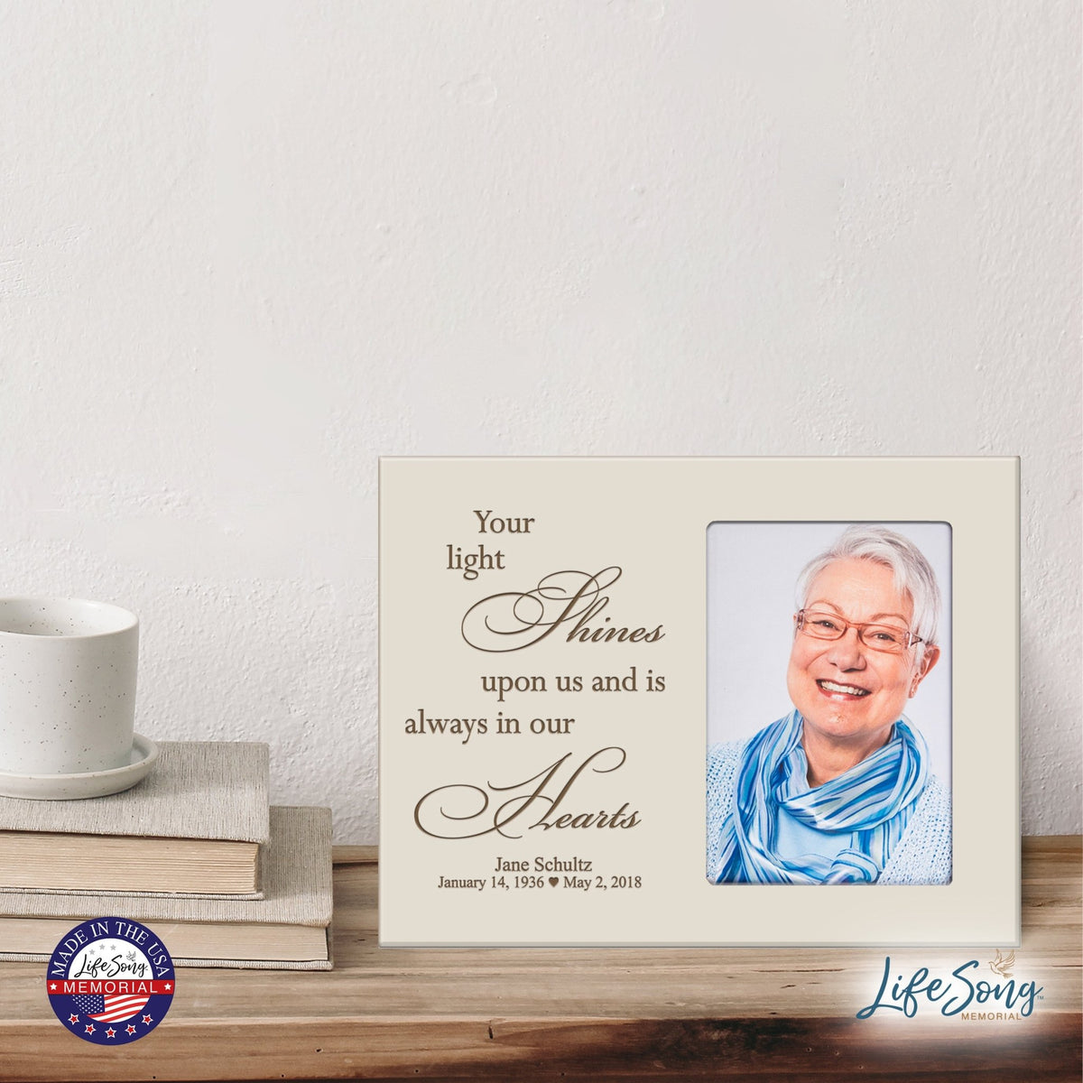 Personalized Horizontal 8x10 Wooden Memorial Picture Frame Holds 4x6 Photo - Your Light Shines - LifeSong Milestones