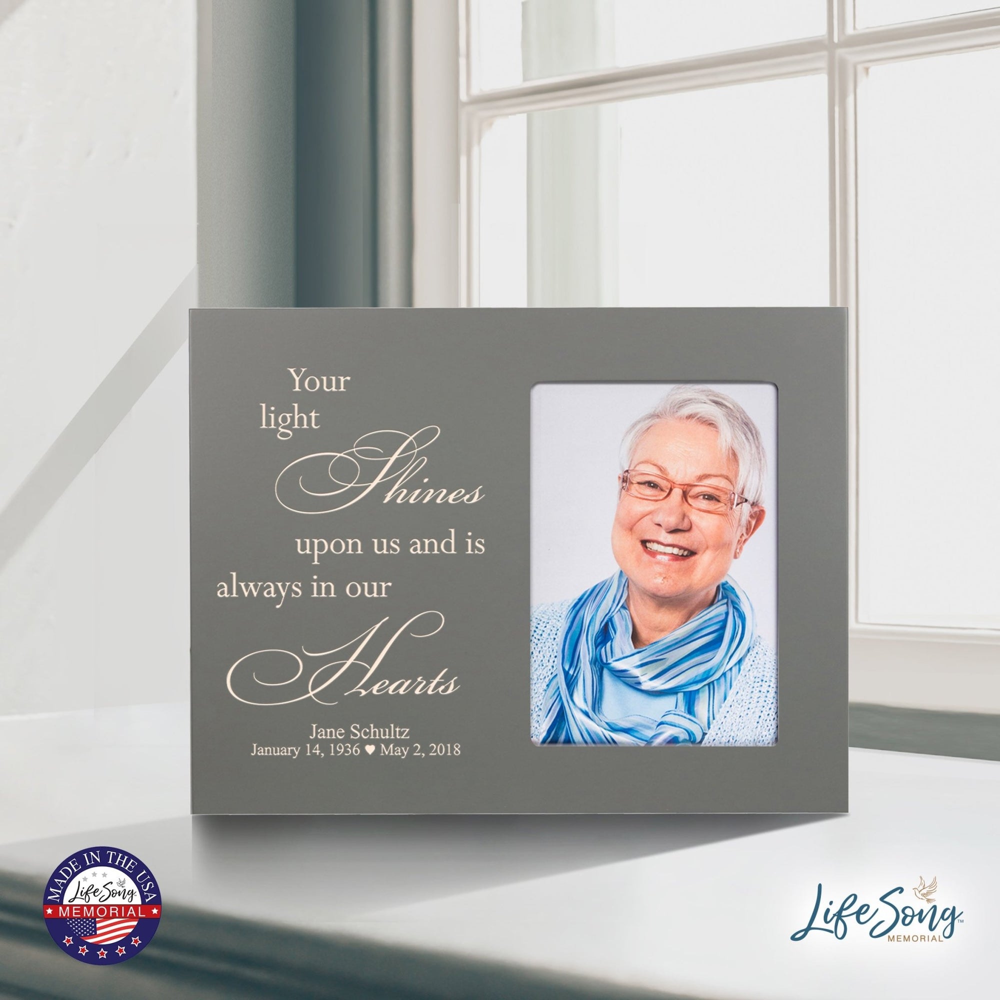 Personalized Horizontal 8x10 Wooden Memorial Picture Frame Holds 4x6 Photo - Your Light Shines - LifeSong Milestones