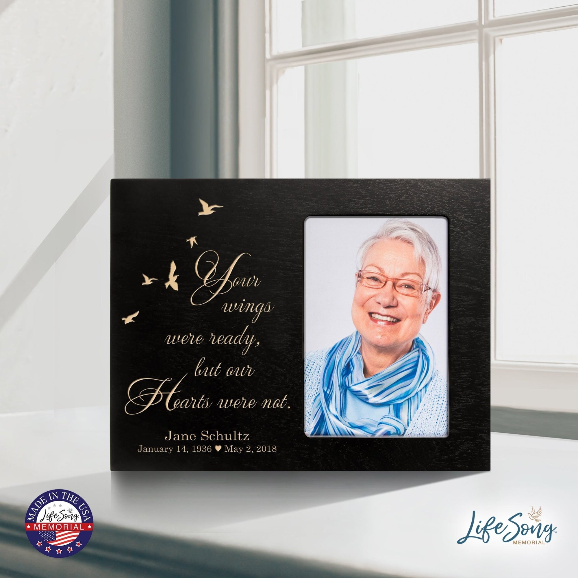Personalized Horizontal 8x10 Wooden Memorial Picture Frame Holds 4x6 Photo - Your Wings Were Ready - LifeSong Milestones