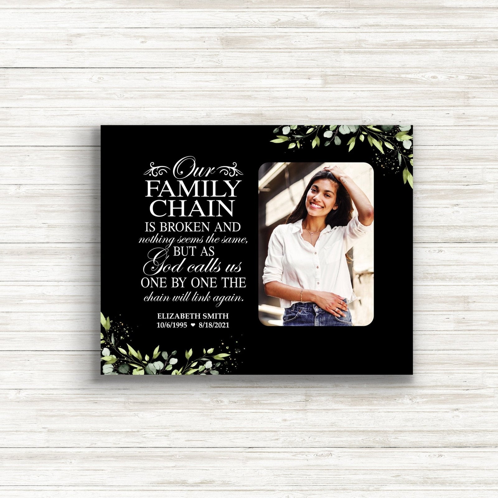Personalized Human Memorial Black Photo & Inspirational Verse Bereavement Wall Décor & Sympathy Gift Ideas - Our Family Chain - LifeSong Milestones