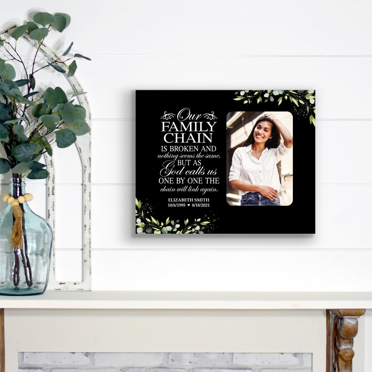 Personalized Human Memorial Black Photo & Inspirational Verse Bereavement Wall Décor & Sympathy Gift Ideas - Our Family Chain - LifeSong Milestones