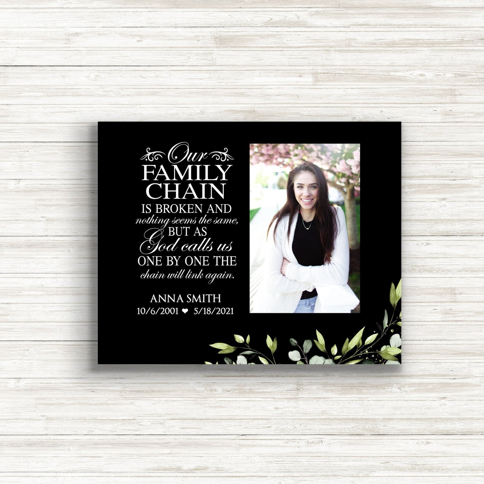Personalized Human Memorial Black Photo & Inspirational Verse Bereavement Wall Décor & Sympathy Gift Ideas - Our Family Chain - LifeSong Milestones