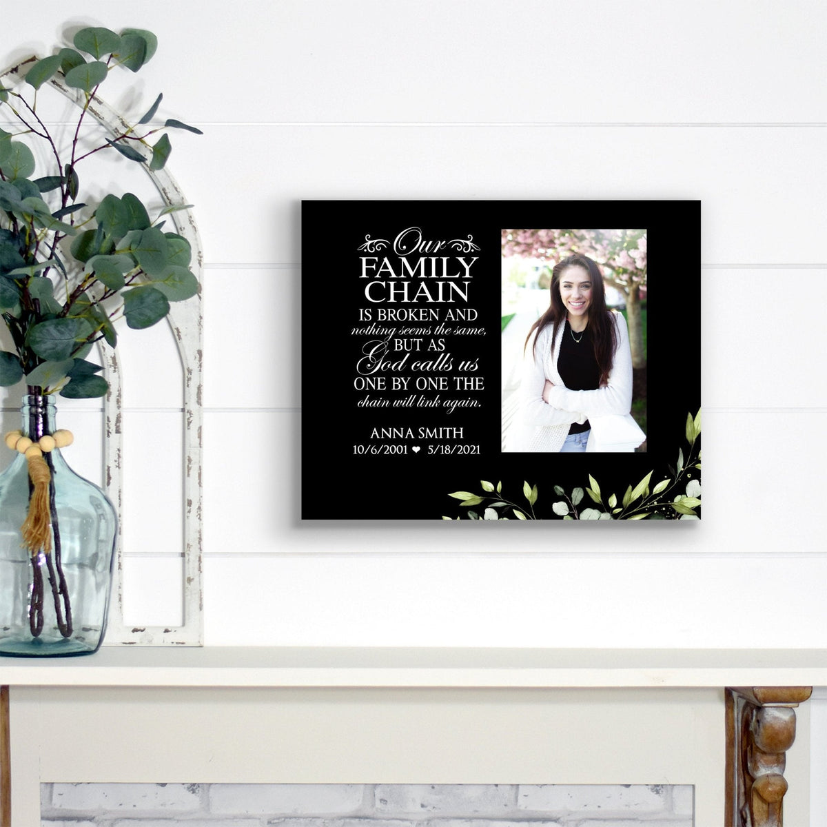 Personalized Human Memorial Black Photo & Inspirational Verse Bereavement Wall Décor & Sympathy Gift Ideas - Our Family Chain - LifeSong Milestones