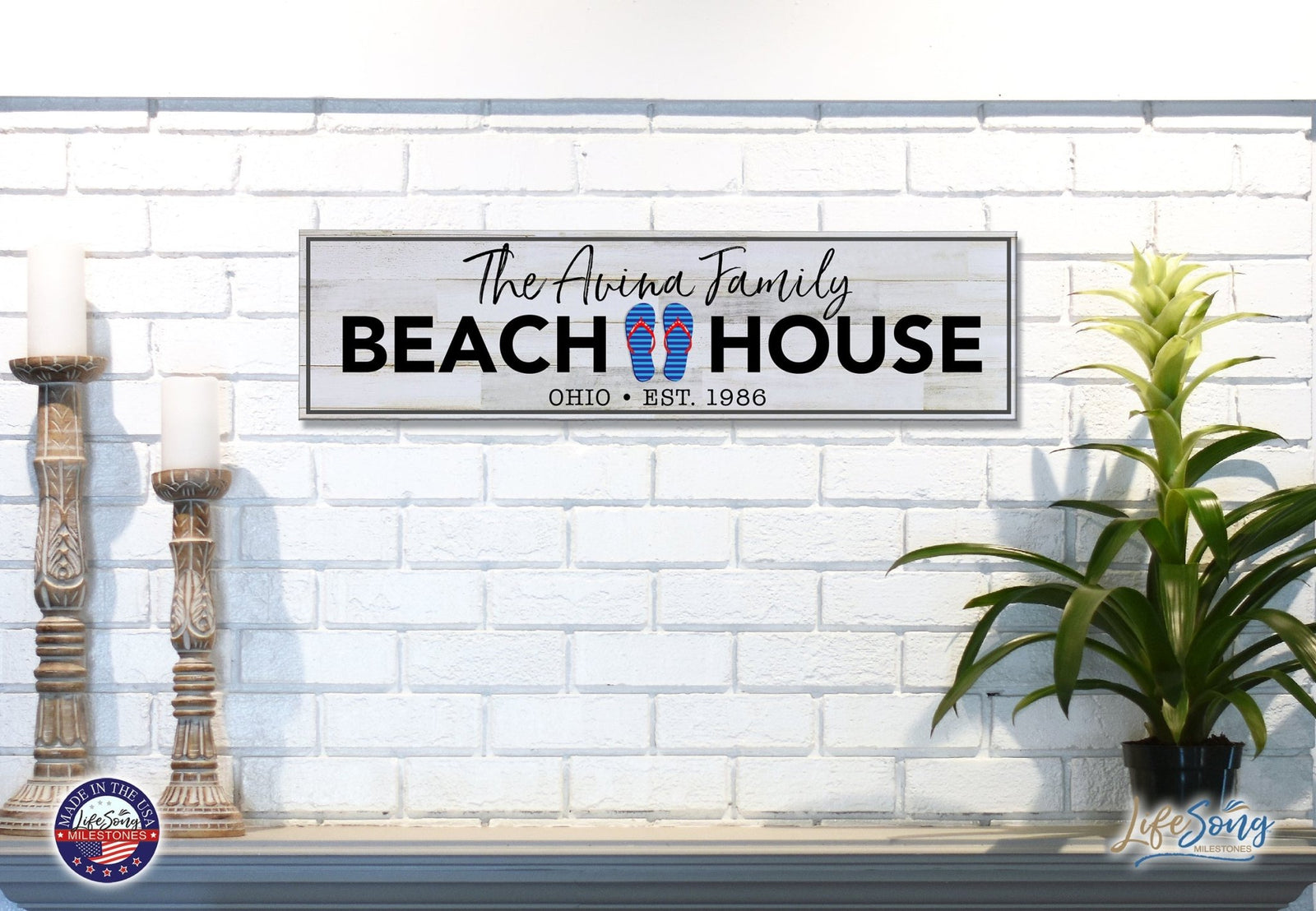 Personalized Inspirational Modern Family Beach House Wooden Wall Plaque 10x40 – Beach House (Slippers) - LifeSong Milestones