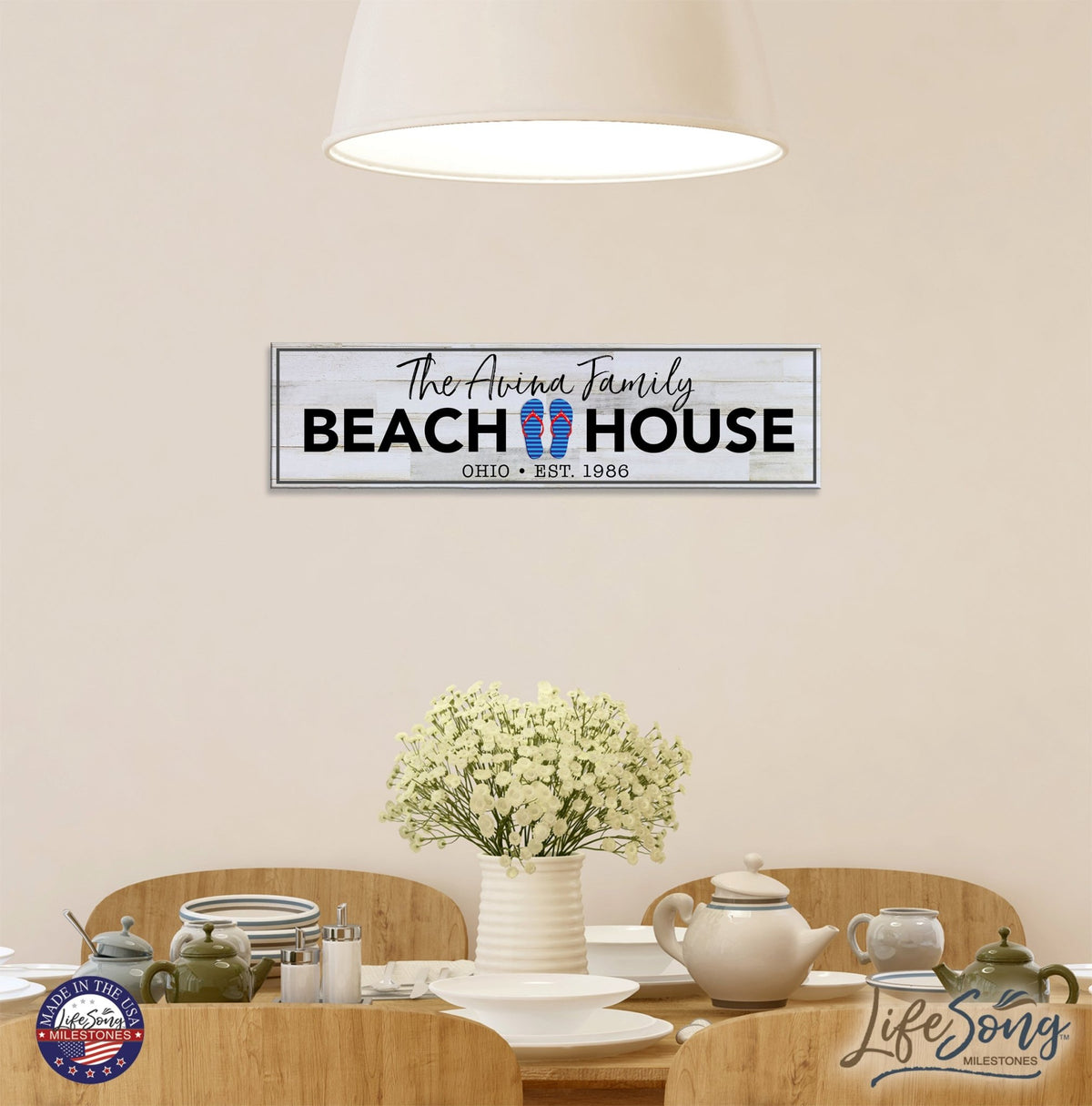 Personalized Inspirational Modern Family Beach House Wooden Wall Plaque 10x40 – Beach House (Slippers) - LifeSong Milestones