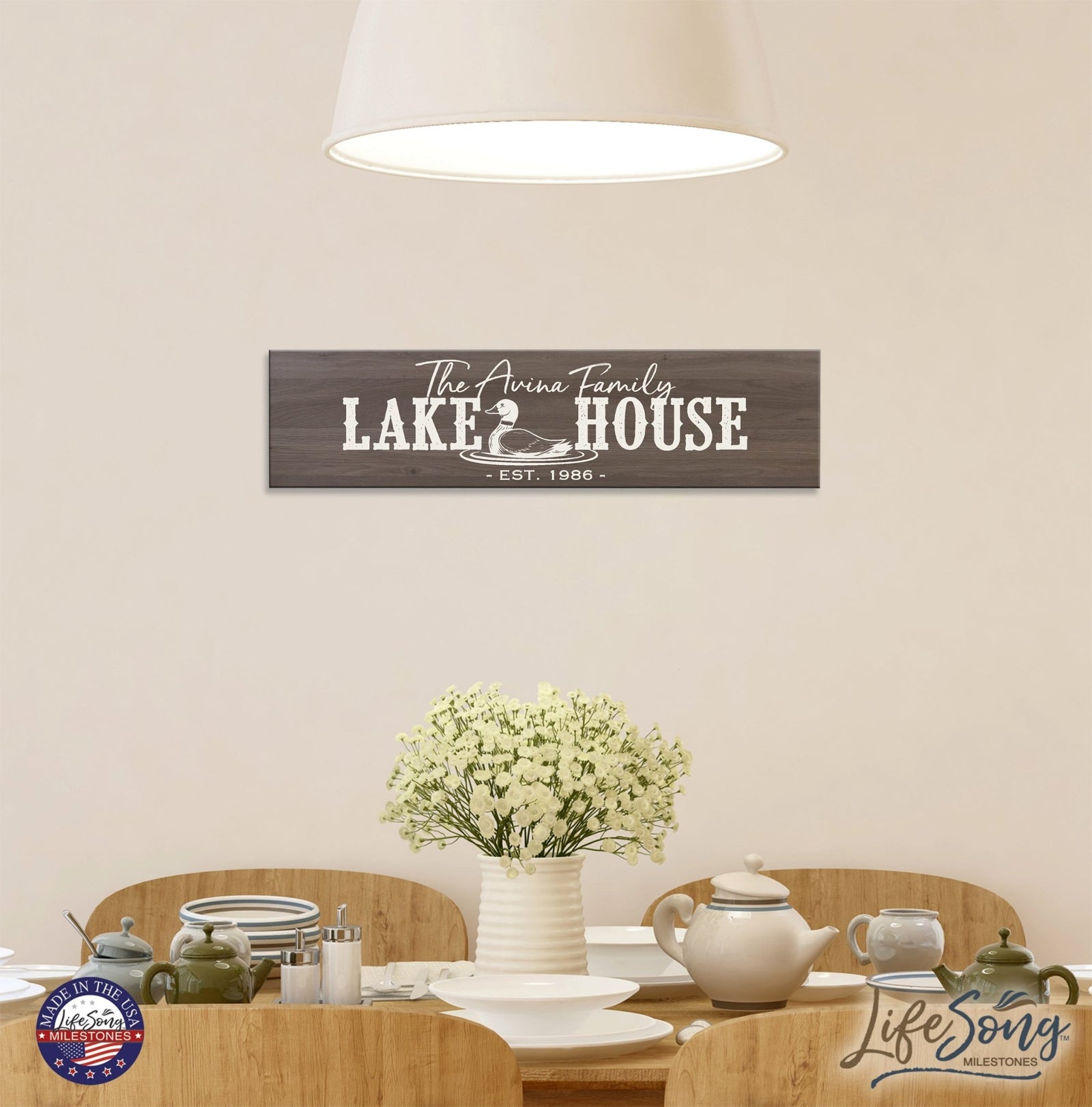 Personalized Inspirational Modern Family Beach House Wooden Wall Plaque 10x40 – Lake House (Goose) - LifeSong Milestones